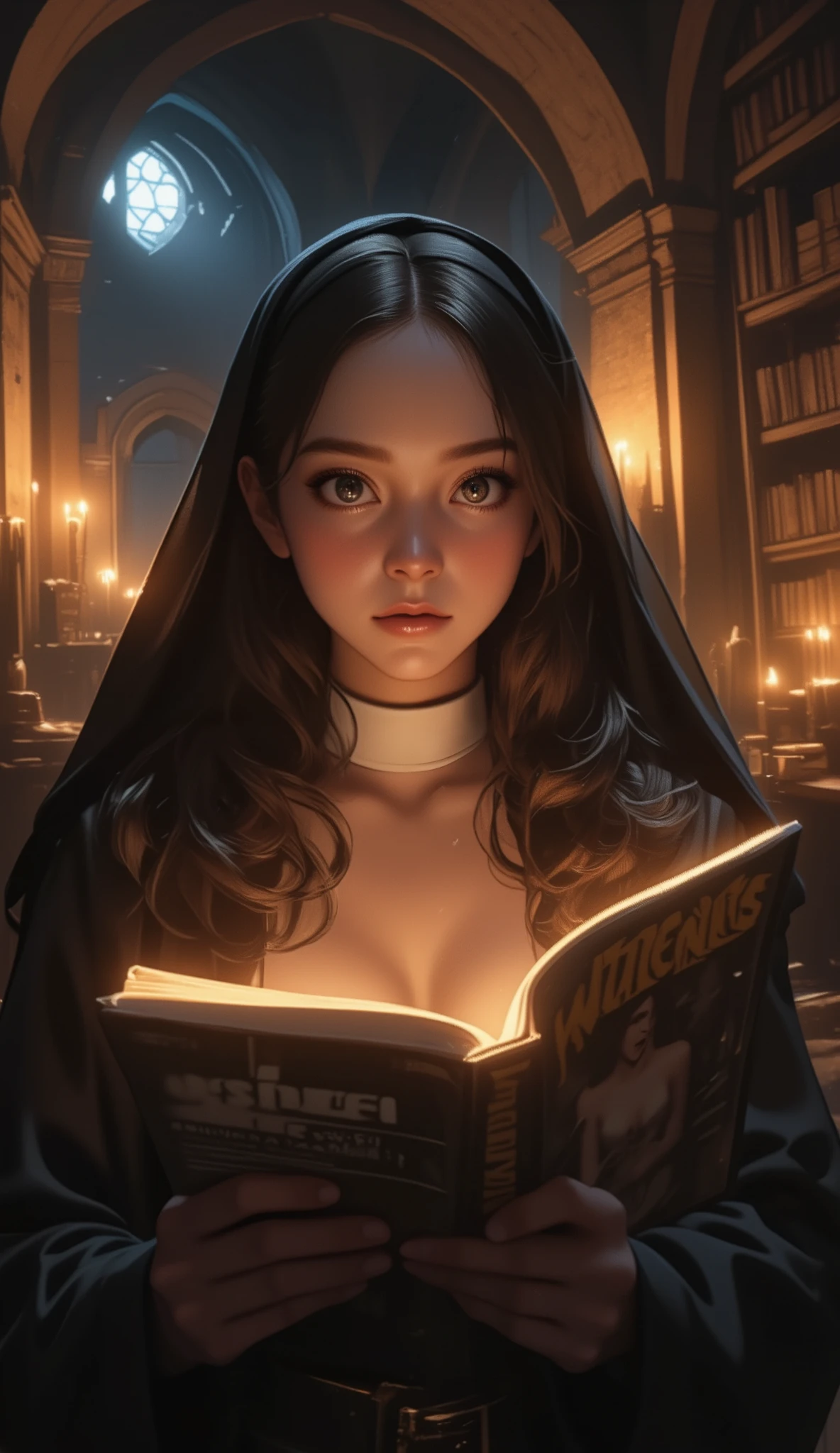 The movie "The Name of the Rose", Sydney Sweeney, a medieval monastery, a sexy busty young nun picking up a large forbidden her own erotic photo magazine With a flashy cover in the forbidden library, trembling, a terrified expression, a dimly lit room with candlelight, a secret door,