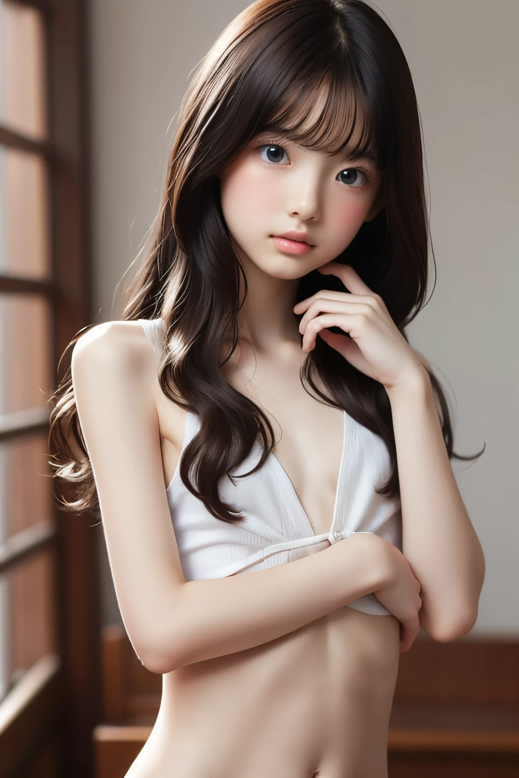 
(masterpiece, highest quality:1.4), Award-winning portraits, 8K, 85mm, alone, Beautiful Face, Delicate girl, Biolaces, Gardenia, grace, Sophisticated, cute, Teen, Watching the audience, 15 years old, Raw photo, Disorganized, HDR, Sharp focus, Background bokeh、(((flat 、thin and delicate body、A childish atmosphere、basement)))、Her shiny semi-long hair is tied up、swaying hair、Mole on the left cheek、large, round, dark blue eyes、Full Body、Random pose、Junior idol、Nogizaka Idol、Mole under the eye、sexy、?????. Small. Super skinny with small boobs