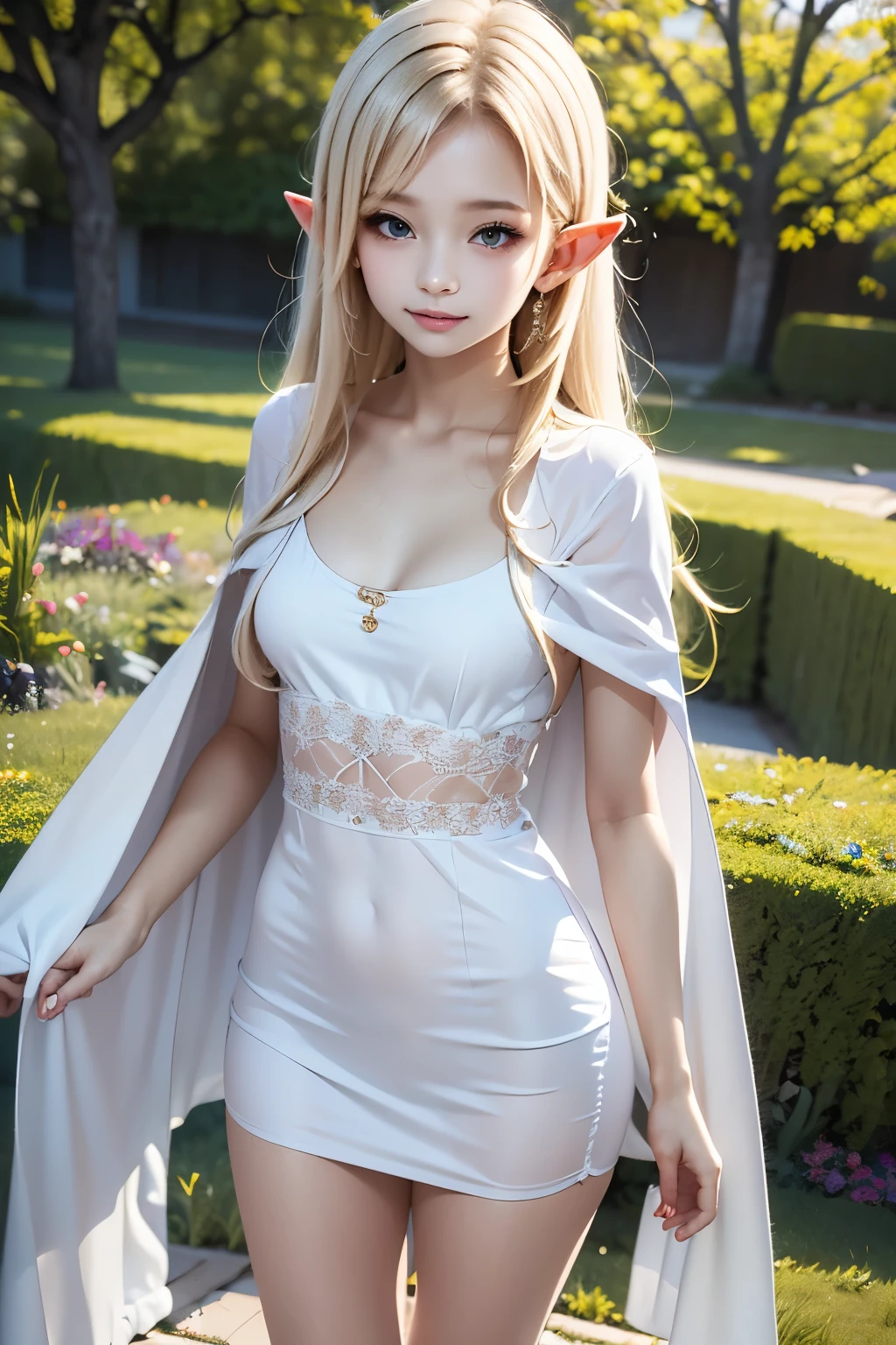 masterpiece,top quality,in white for summer very detailed,photorealistic,realistic, ultra high resolution, Masterpiece,fantasy,Elf Girl,elegant,, very long blonde,thin, perfect eyes,slender,(flat chest),so cute, gorgeous clothes ,hair ornament,gem,embroidery,cape,garden, correct handshake