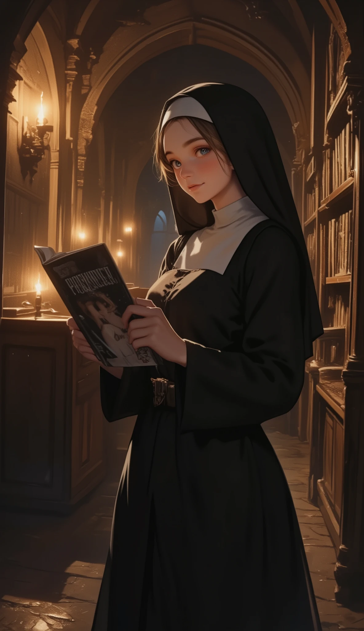 The movie "The Name of the Rose", Sydney Sweeney, a medieval monastery, a sexy busty young nun picking up a large forbidden her own erotic photo magazine  With a flashy cover in the forbidden library, trembling, a bitter smile, a dimly lit room with candlelight, a secret door,