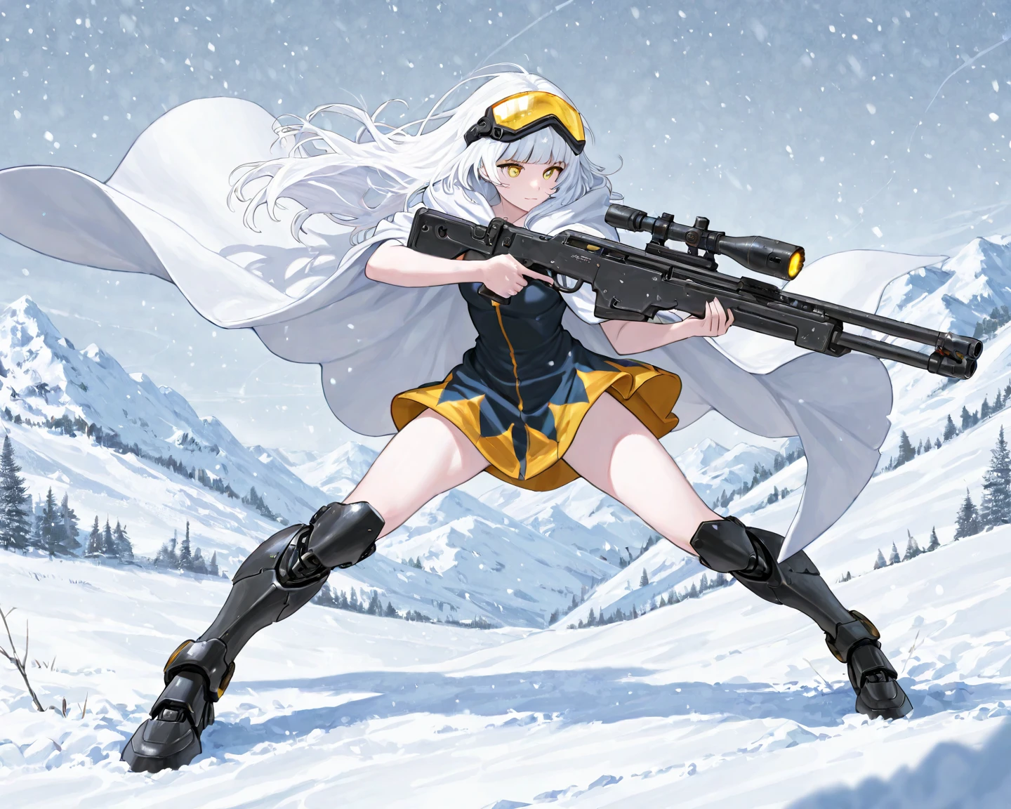 an expressive photo depicting (\lu fei wu dang\), Holding a sniper rifle made of clouds, making an aiming motion, looking at the sight, side view, grinning, motion blur,anatomical correct,xianxia