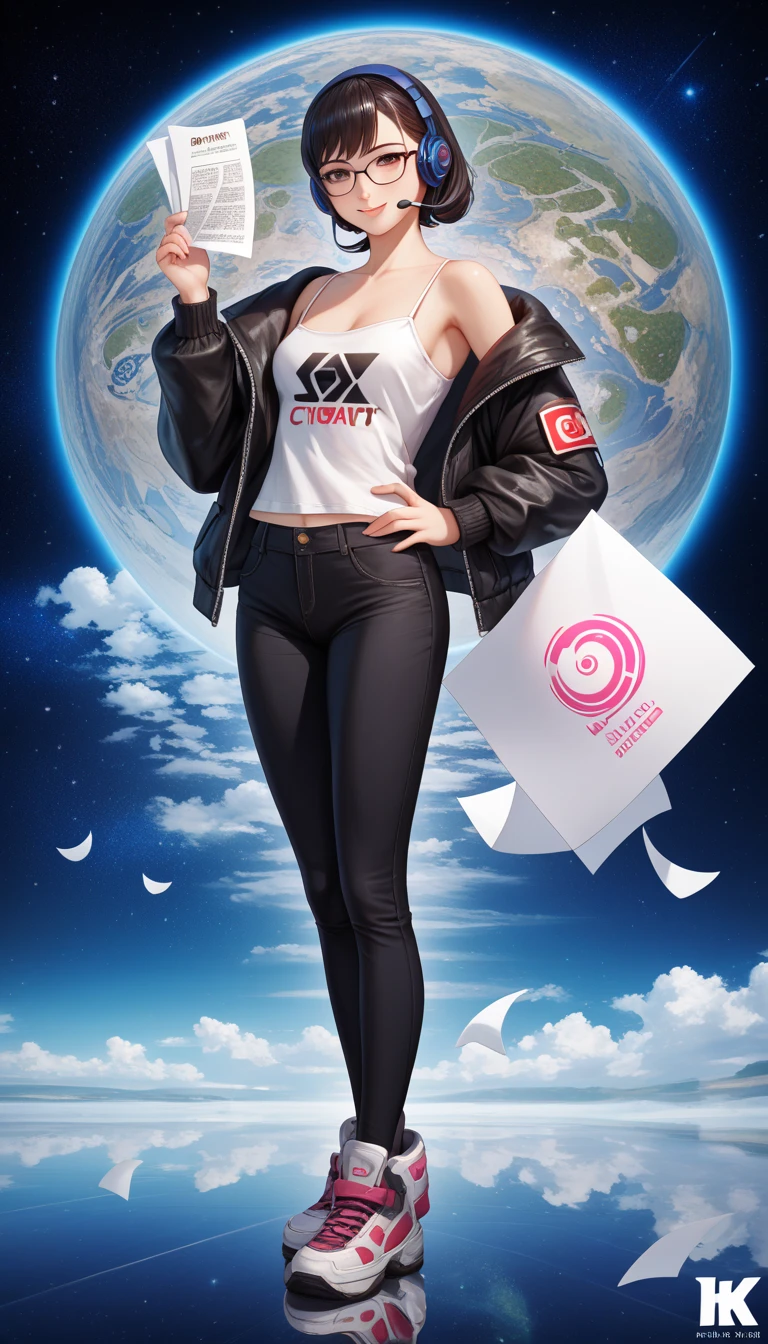 Beautiful young brunette woman in blue crop top holding planet earth in her hand, smirking, evil, looking down at camera, low angle, (from_below:1.5), background cosmic, cinematic hd 4k 8k highly detailed octane render trending artstation, Dynamic Light