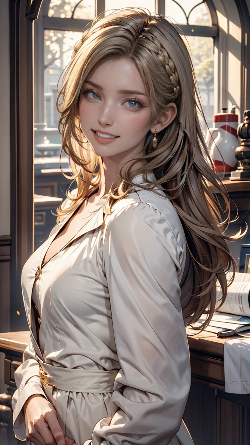 (best quality, highres), cool adult woman, long hair, swept-side bang, brown hair, (blonde hair), white shirt, cleavage, brown eyes, inside house, detailed facial features, confident pose, vibrant colors