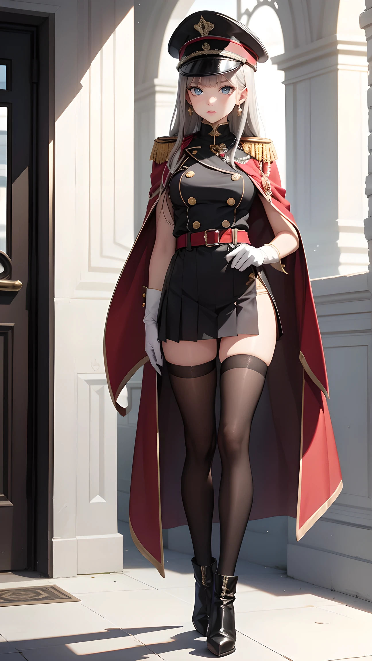 masterpiece, best quality, absurdres, newest, professional lighting,
1girl, solo, full body, 25-years-old, standing,
(slender, slim, thin thighs, thin waist, beautiful long legs), perfect figure, medium breasts,
tsurime, long eyelashes, vivid lips, piercing eyes,
platinum gray hair, long hair, super straight hair, blunt bangs, side-locks,
military uniform, epaulettes, pleated micro miniskirt, (black thigh-highs:1.2), high-heel short boots, cloak,
large earrings, gloves, peaked cap, holding a black small riding whip in hand,
very angry, embarrassed