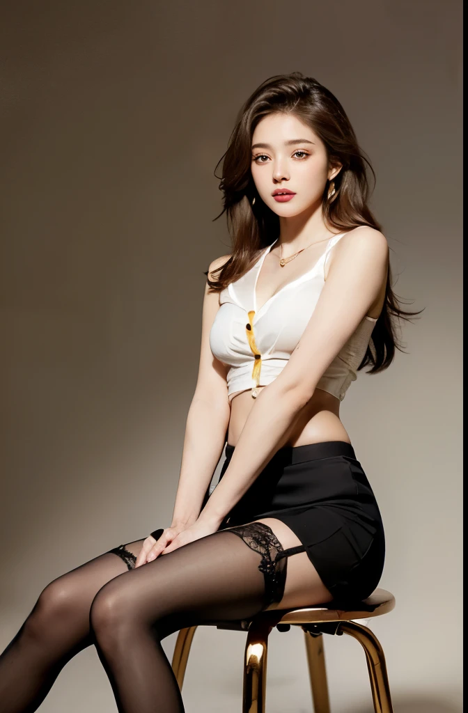 (masterpiece:1.3), (8 thousand, realistic, RAW photos, best quality: 1.4), (1 woman),(((sheer silk blouse))), (((short skirt))), (((양다리와 양발에 realistic 불투명한 커피색 panty hose 신고 : 1.3))), (((Stockings on both legs))), (((Small paws))), (((Beautiful, small feet wearing stockings and high heels with pointed heels.))), (((full body shot))), (((Sitting on a chair))), (((Beautiful makeover))), (((very slim and beautiful body))) , (((Realistic and very beautiful face))), (((long eyelashes))), (((double eyelid))), (((현실적이고 섬세한 매우 beautiful eyes))), (((big bust))) , (((Strong body through exercise))), (((beautiful abs))), (((Beautiful heaps))), (((tall))), (((Brown hair, parted, long hair:1.3))), (아름다운 parted스타일), (((realistic and beautiful skin))), (ultra high resolution), (very detailed), (((golden ratio))), (((Two long, realistic and beautiful legs))), (((realistic 팔))), (necklace), (earring),(beautiful nails manicure), (((So beautiful and sexy))), (((beautiful eyes))), (((high nose))), (((small nostrils))), (((beautiful mouth))), (((beautiful mouth술)))