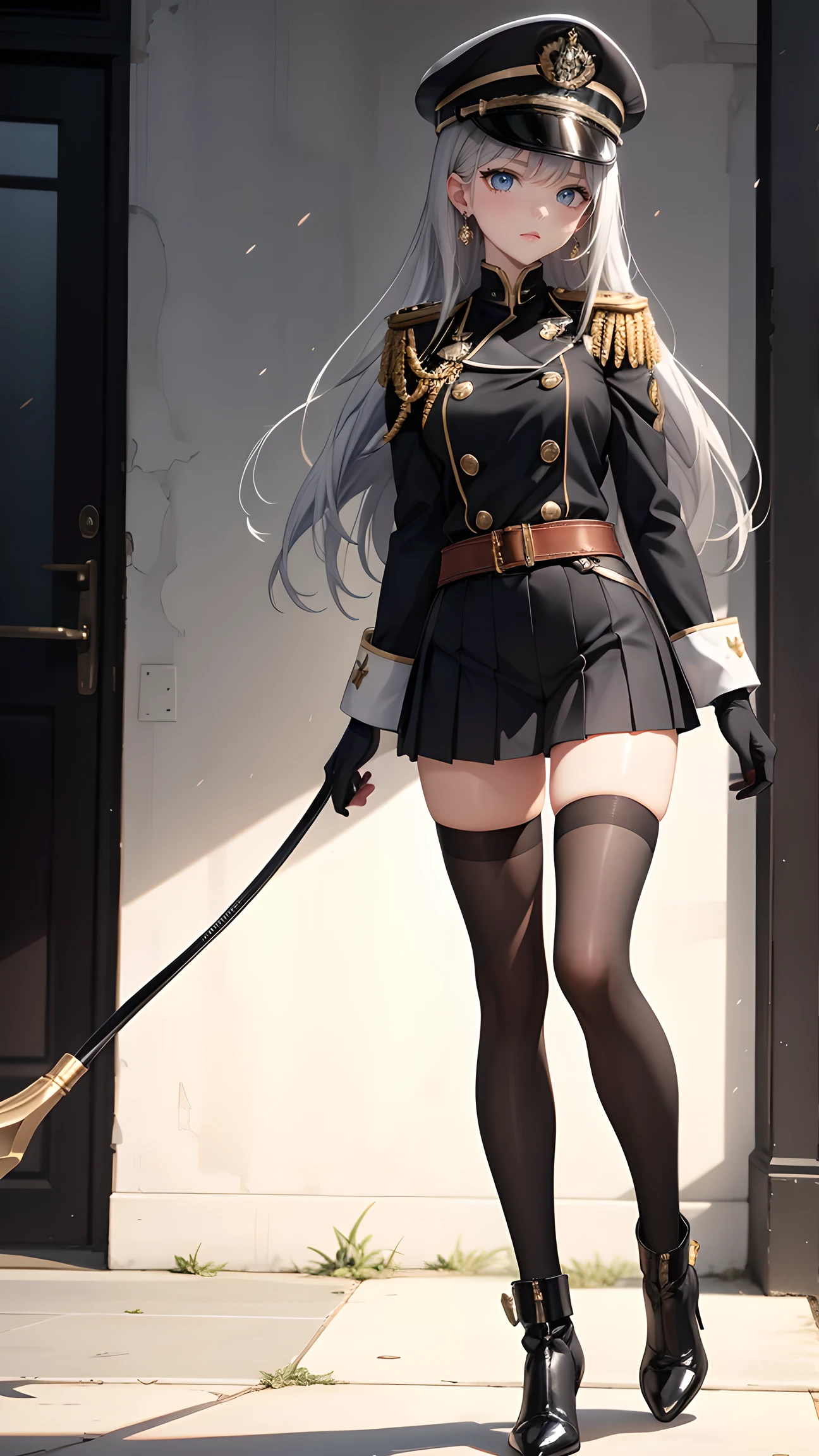 ((1beautiful girl)),,(((Silvery hair))),(((Braids２Book Hairstyles))),(((Middle bangs))),(((put out one's forehead))),(((Golden Eyes))),(​masterpiece)), (((drooing eyes))),((top-quality)),((Vivid light and shadow depiction)), (The ultra-detailliert), ((kawaii)), cute little, (Detailed body line depiction), ((detailed face depiction)),((ighly detailed)),  (8K), top-quality, (Beautiful fece),(((World-class quality))), ighly detailed, hight resolution,(((独奏))),(((thick eyebrow))).((((shinny hair)))),(((White and beautiful skin))),(((Small udder))),(((Bold poses))),(((Bright smile))),(((red blush))),(((composition seen from below))),(((In a dark room))),(((looking-down))),(((Looking up from your feet))),(((Gray military uniform))),(((tight skirts))),(((Black Knee High Socks))),(((Panties with white ribbon))),(((Salute pose with one hand)))