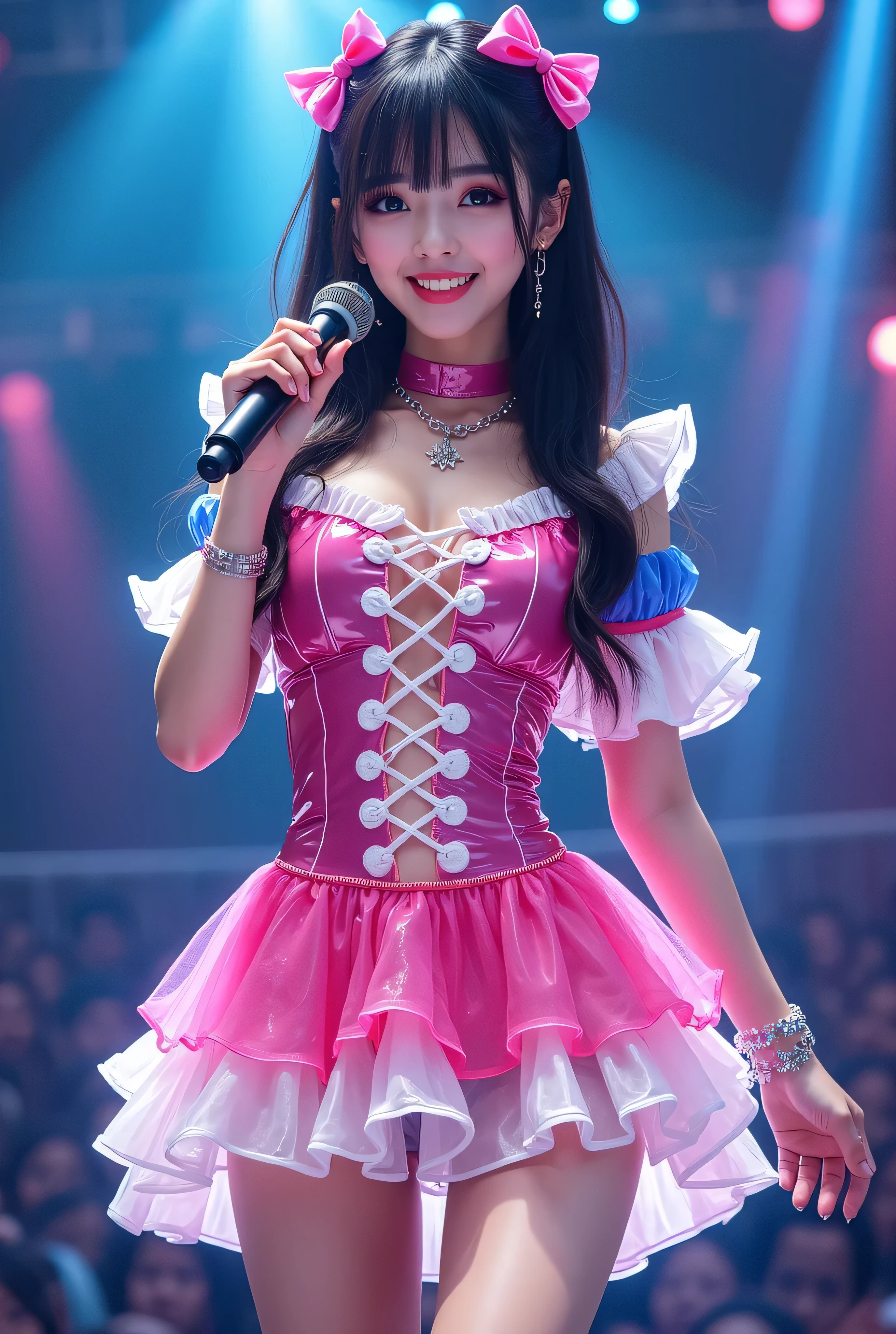 Create a highly detailed, realistic image of a young woman with long, dark hair styled with two small pink bows on either side. She is wearing a vibrant and transparent shinning glossy pink short dress that has a layered, frilly design with white ruffled edges on the sleeves and neckline. The dress has intricate lace-up details on the front, with white ribbons crisscrossing over the bodice. A large, white bow is tied around her waist, and the skirt is layered with multiple ruffles, alternating between white and pink frills. The upper part of the dress has a mix of white and blue accents, especially around the shoulders, giving it a lively, idol-like appearance. The girl’s expression is cheerful and playful, with a radiant smile, captured both in performance and posing with a slightly pensive look. Ensure that her outfit appears shiny and glossy, reflecting stage lights, and incorporate a vivid, performance-like atmosphere in the background. Some Lights shooting around, she hold microphone, head thighs portrait,
