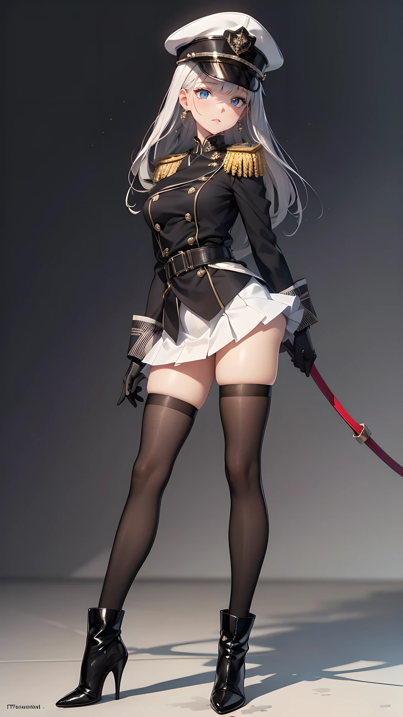 masterpiece, best quality, absurdres,
1girl, solo, full body,
slender, slim, thin thighs, thin waist, beautiful long legs, medium breasts,
tsurime, long eyelashes, vivid lips, piercing eyes,
platinum gray hair, side-locks,
military uniform, epaulettes, pleated micro miniskirt, black thigh-highs, high-heel short boots,
large earrings, gloves, peaked cap, holding a riding whip,
angry a little bit