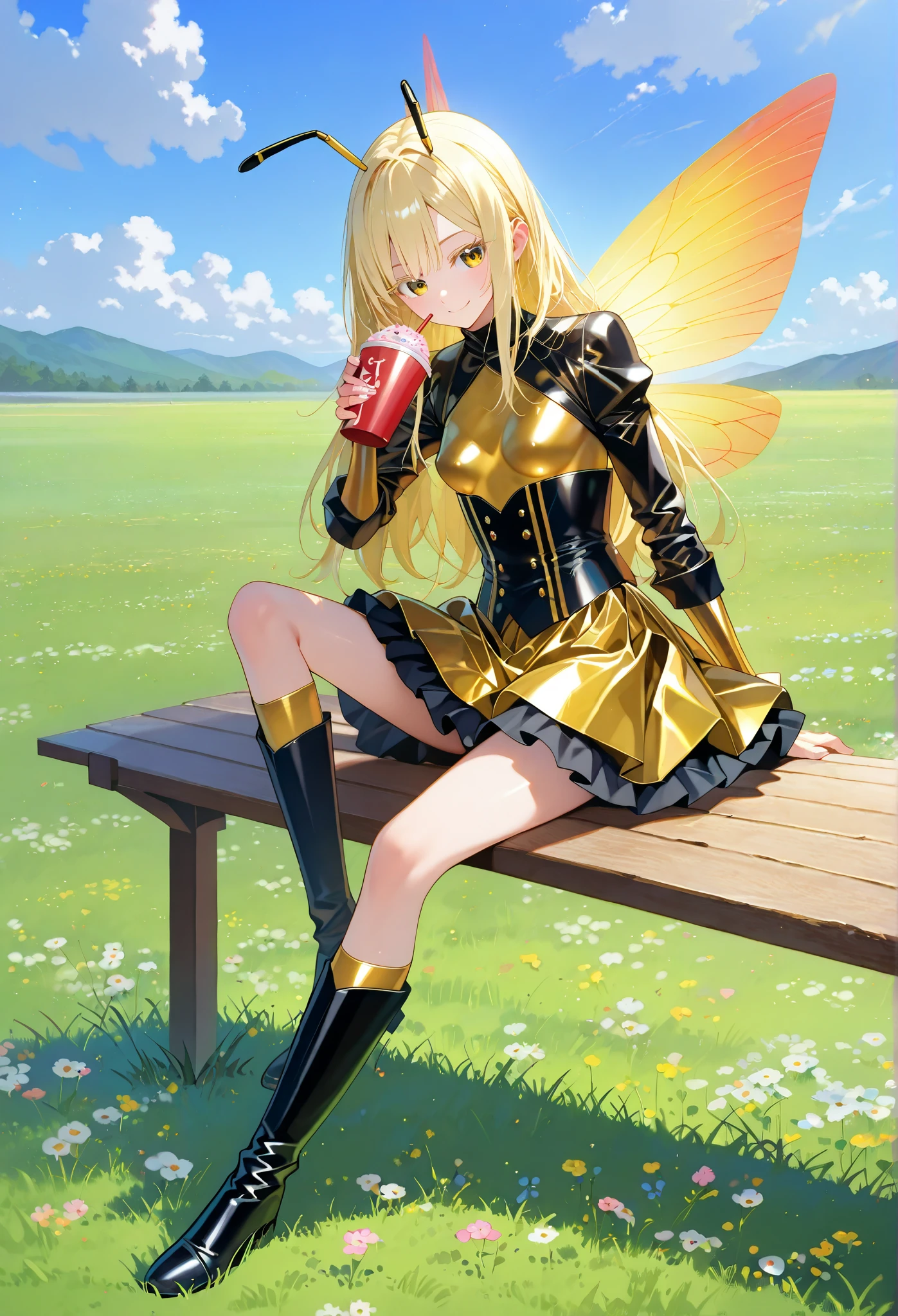 ■構図■She is positioned in the center of the image,
 ■背景■The background features a light-blue sky dotted with fluffy white clouds,grasslands and many flowers,
 ■People■(Beautiful Girl Who Cosplay as a Bee:1.2),(:0.7),sitting,drinking drink,sitting on Wooden bench
 ■顔■blonde long hair,(detailed blonde eyelashes:1.2),smile,looking at viewer,
 ■Body Type■Skinny,perky breasts,small breasts,
 ■服装■she wears (form-fitting:1.2),  golden (Latex Bodysuit:1.1) with black accents, stylized bee-like costume.military style,Transparent bee wings,bee antenna,bare legs,yellow knee-high socks,black long boots,She is wearing vibrant (yellow:1.2),stylized costume with  black accents. The costume includes a short layered skirt with black ruffles,yellow and black colors, and black corset.