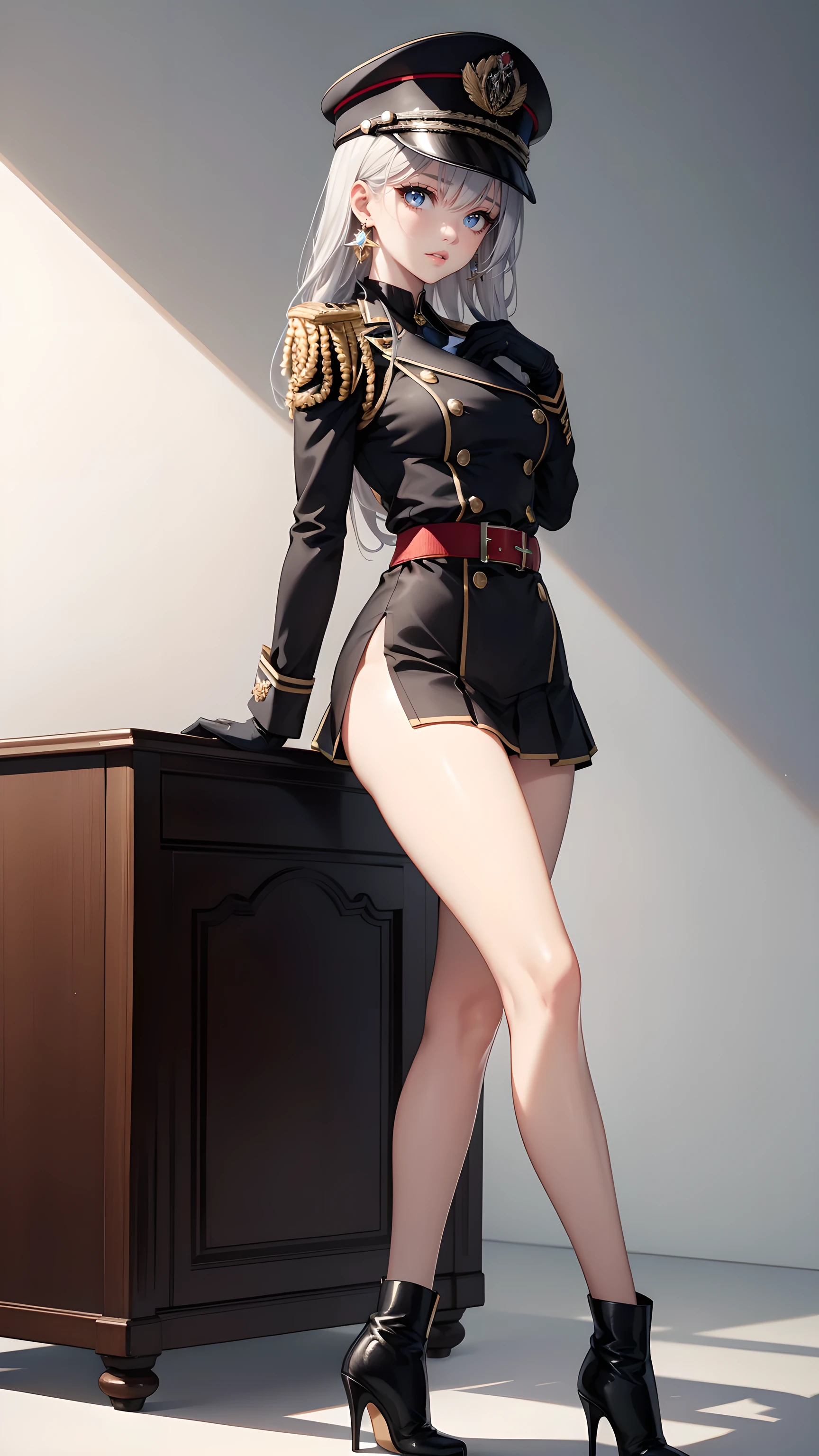 masterpiece, best quality, absurdres,
1girl, solo, full body,
very tall, slender, slim, thin thighs, thin waist, medium breasts,
tsurime, long eyelashes, vivid lips, piercing eyes,
platinum gray hair, side-locks,
military uniform, epaulettes, pleated micro miniskirt, black thigh-highs, high-heel short boots,
large earrings, gloves, peaked cap