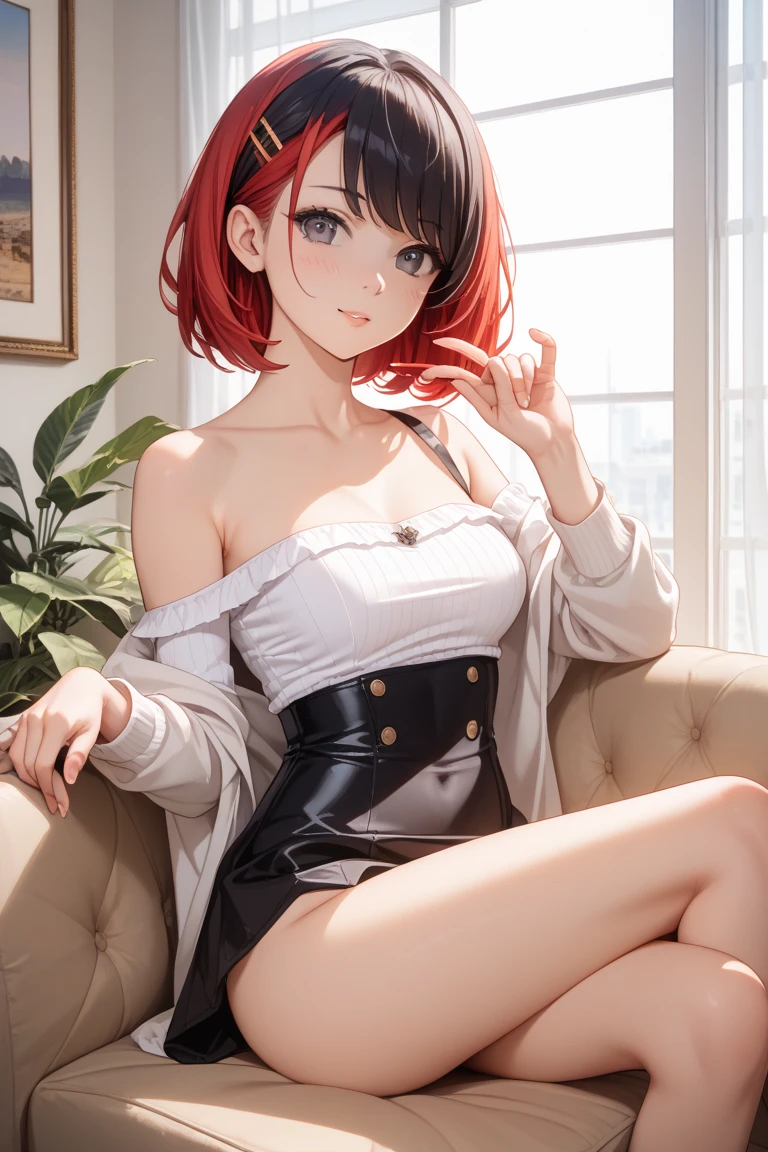 Masterpiece、Ultra-high-definition animation image quality、8k、sit on sofa、Ultra mini skirt、onepiece、Cross your legs、48yo、Beautiful Mature Woman、beautiful countenance、A slight smil、half-opened mouth、Red cheeks、Big eyes、short-hair、seductiv、A sexy、Lusting、Perfect limbs