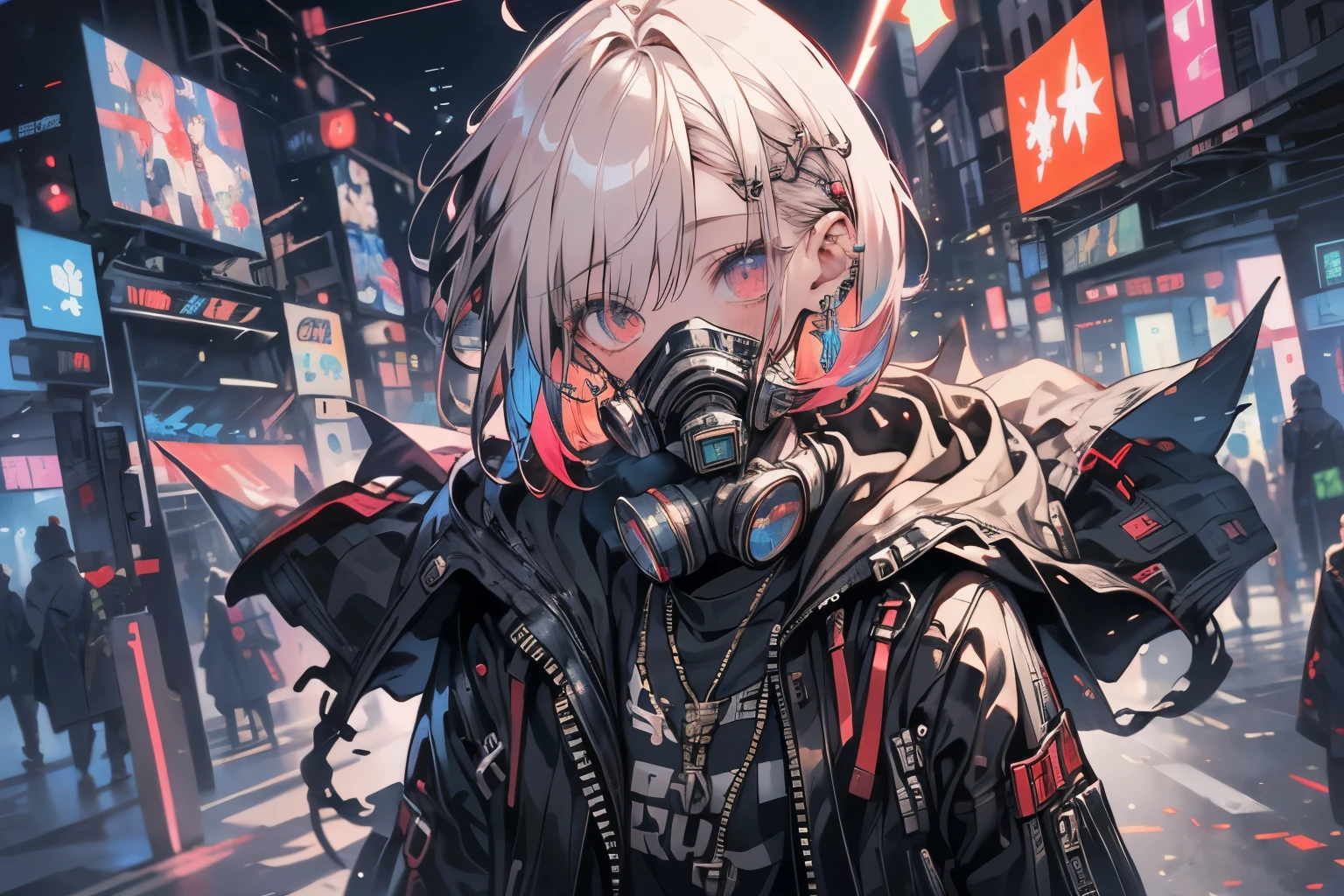 (masterpiece, top quality, top quality, Official Art, beautiful 、refined:1.2), ( 1 girl 1.3), very well detailed,( Fractal Art :1.1),( colorful :1.1),highest resolution , ( 青いネオンライトの背景とcyberpunkな街並み:1.3), ( shiny skin), (multicolor braided pattern:1.4), ,( earrings:1.4), ,( white short hair )(Cybersuit)(headphones)(Low-angle composition)( Virtual )(cyber display)(cyberpunk)( gas mask)