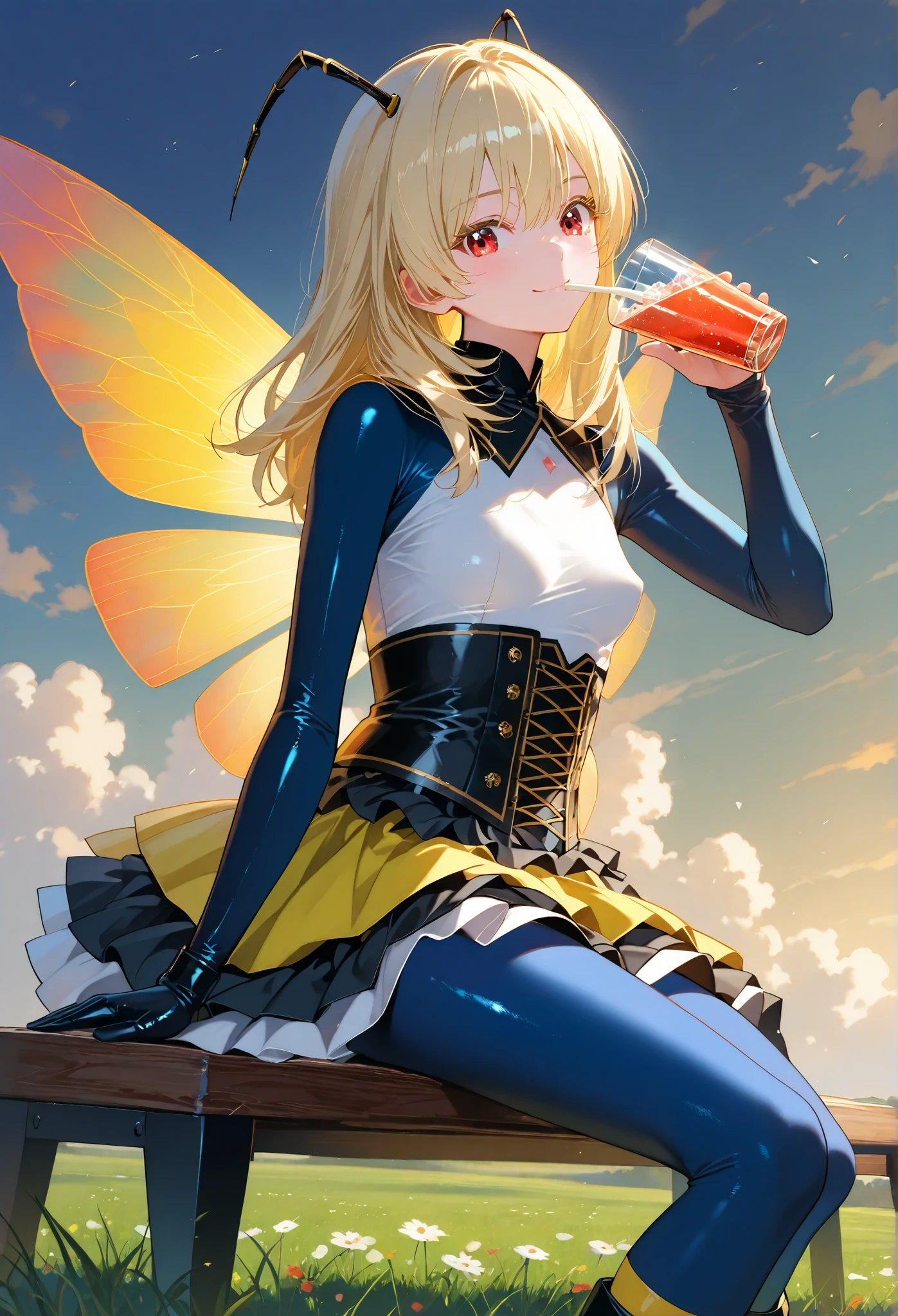 ■構図■She is positioned in the center of the image,
■背景■The background features a light-blue sky dotted with fluffy white clouds,grasslands and many flowers,
■People■(Beautiful Girl Who Cosplay as a Bee:1.2),(:0.7),sitting,drinking drink,sitting on Wooden bench
■顔■blonde long hair,(detailed blonde eyelashes:1.2),smile,looking at viewer,
■Body Type■Skinny,perky breasts,small breasts,
■服装■she wears (form-fitting:1.2), (Latex:0.5) (Bodysuit:1.1) with black accents, stylized bee-like costume.military style,Transparent bee wings,bee antenna,bare legs,yellow knee-high socks,black long boots,She is wearing vibrant yellow,stylized costume with black accents. The costume includes a short layered skirt with black ruffles,yellow and black colors, and black corset.