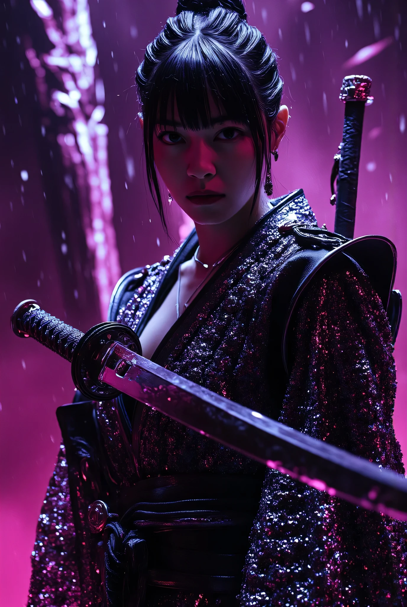 (((The pitch-dark interior of the Nostromo ship:2.0))),((( HR Gigger style cyberpunk atmosphere :2.0))),(((Fight with a cyberpunk-style Japanese sword:2.0))), combat posture,((full body:2.0)),One Woman,Female Samurai ,(Cute Face:1.5),(Beautiful well-balanced face ),((Long braids with bangs:2.0)),( black hair:1.5),(beautiful eyes:1.3),( Blue Glowing Eyes :1.5),a glamorous shot of a 20-year-old Japanese woman, Slender Beautiful Body ,((model body type:2.0)),(( slim body with hot water:1.7)),perfect body line,ideal proportions,((bigger breasts in bikinis:2.0)),((F cup chest wearing:1.5)),Big Breasts,Bare thighs,sensual thighs seen from below the crowd,delicate body,( Muscular:1.7),A harmonious posture,((Realistic breast depiction :1.7)),carefully depicting limbs based on perfect anatomy,((translucent glass leotard that shines pink in the style of a near-future samurai armor:1.5)),Filled with multicolored LEDs,((super high-leg leotard made of camy-like clear glass that fits the body:1.5)),(((a samurai armor-like pink translucent military coat with an open front over the leotard:2.0))),(((translucent pink military coat style kimono with steel armour on the armor:2.0))),(Steel armour on the shoulders :1.5),((Coat style kimono with iron decoration:2.0)),(ear monitor:1.5),((Tactical Holster:1.5)),(gloves:1.3),Concept Art,(top quality:1.5),(masterpiece:1.5),(Ultra-high resolution),resolution,UHD,(Delicate Description), carefully drawn with butterfly wings ,32K,((realistic skin texture:1.5)),((( super realistic :1.5))),carefully draw eyelashes,Highly Detailed Faces,Highly detailed female hand, Sexy appearance ,very sensual,(Blurry Dim Backgrounds :1.5),professional photo shoot,(movie light:2.0),((Blade Runner-style lighting:2.0))