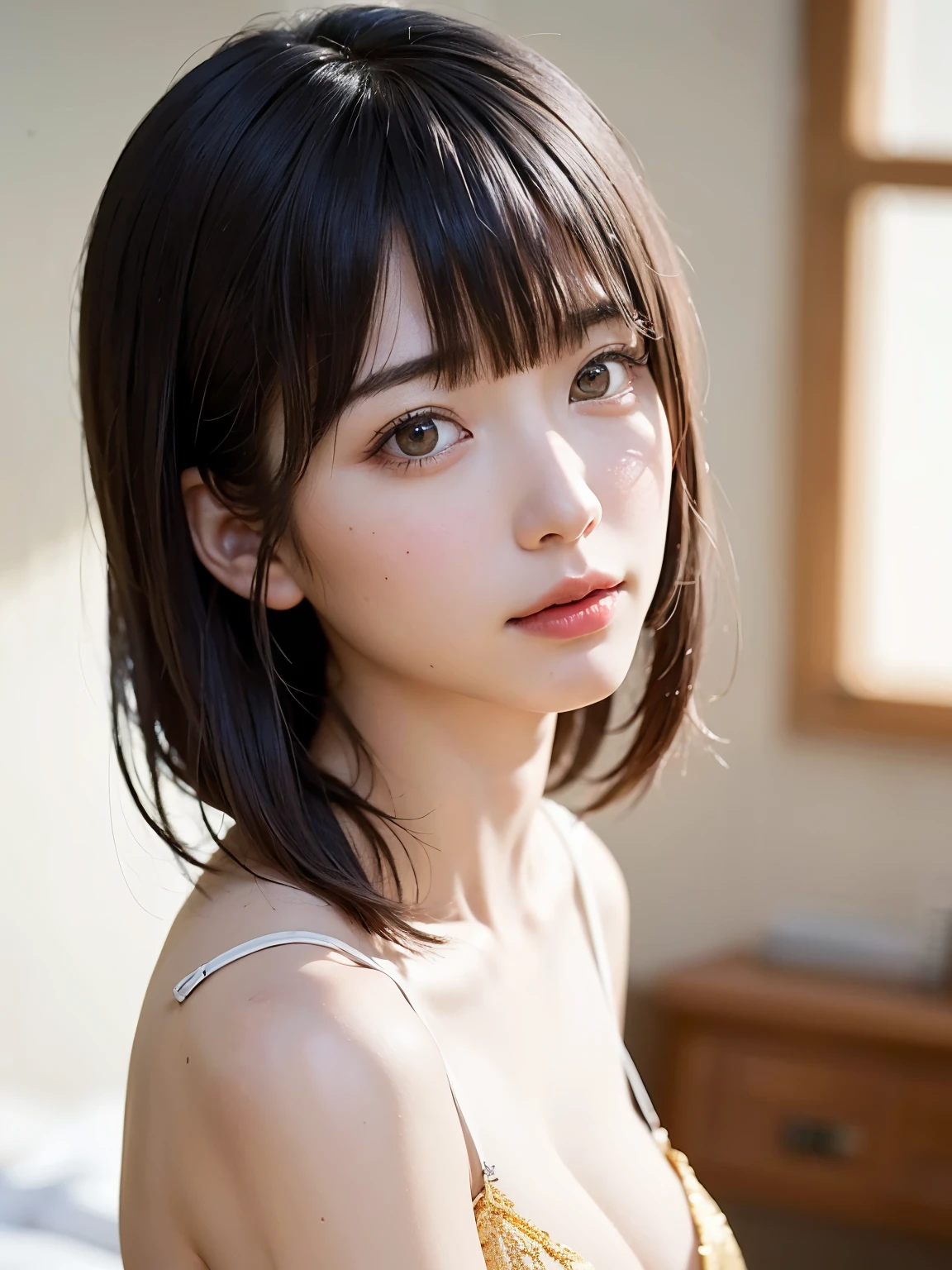 (8ก, RAW Photos, highest quality, masterpiece:1.2), (Realistic, photo-Realistic:1.4), (Very detailed8กの壁紙), Sharp focus, Written boundary depth, Boscinematic Light, Soft Light, Beautiful eyes with attention to detail,shiny smooth light brown Long Bob Hair, Asymmetrical bangs, Shiny skin, Very fine skin ,High resolution, Very detailed, Detailed hairstyle, Beautiful face with attention to detail, hyper Realistic, Perfect limbs, Perfect Anatomy ,1 Japanese girl,Famous Japanese Idols, Perfect Woman'Body of, Beautiful breasts,Cleavage,smile,short eyelashes,double eyelid,Long Bob Hair, Full nudity、Full Body Shot