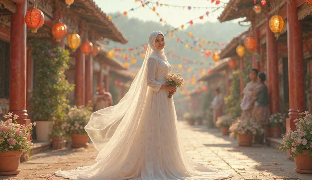 Muslim woman wearing a dress made of used plastic, soft transparent white colour with small blue and green stripes, simple, modern, wearing a long white skirt with blue and green stripes, carnival event, beautiful indonesian girl, very realistic, very realistic, (complex detail: 0.9), (hdr, hyperdetail: 1.2), RAW, Sony Alpha a9 II, 24-105mm f/4, HDR,