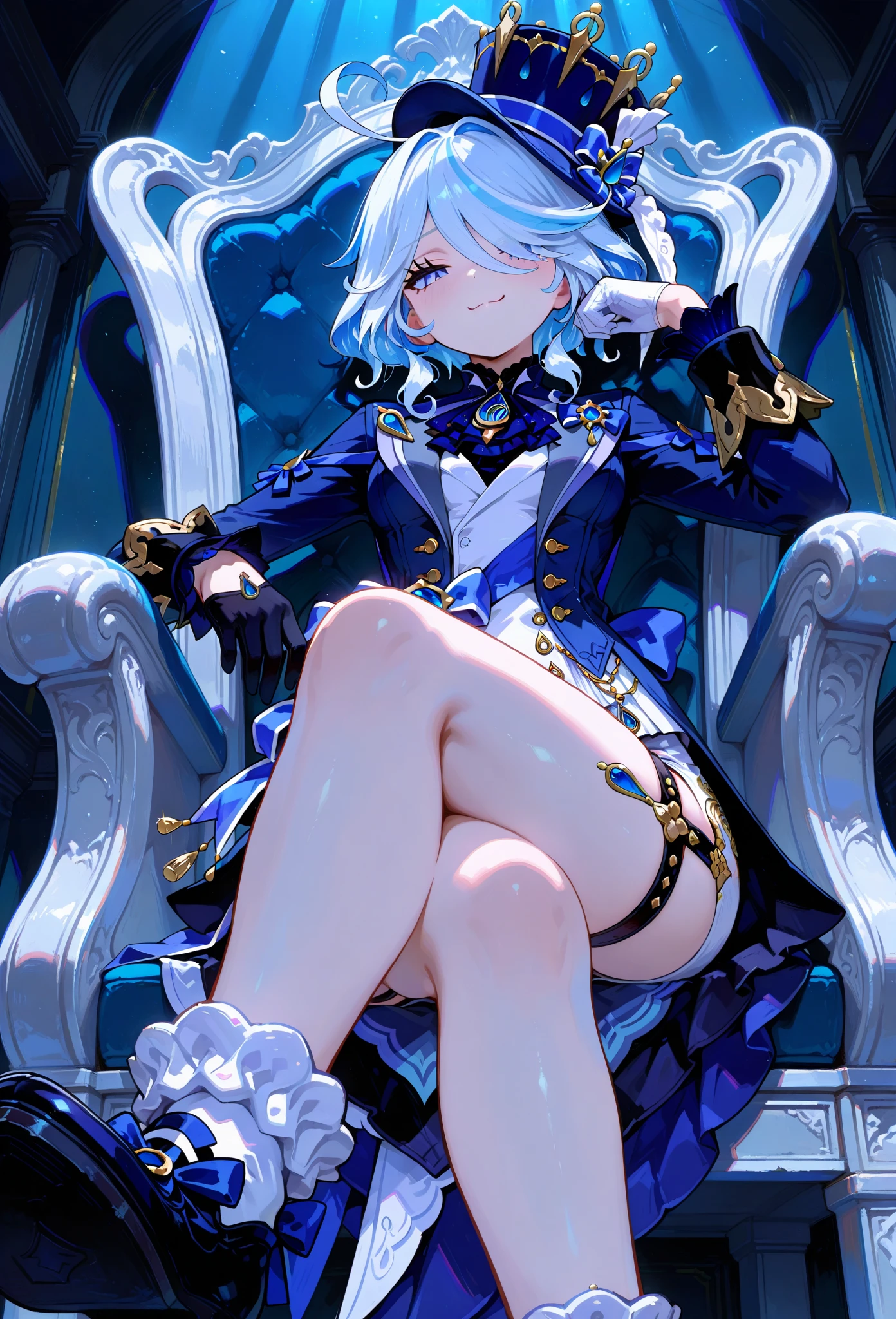 ((masterpiece,best quality)), 1girl, furina, heterochromia, short hair, blue hat, black shorts, barefoot, toes, sitting on armchair, from below, smile, crossed legs, hand on chin,((thigh)),((legs)),2legs,((from below)),