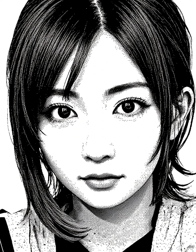 Monochrome illustrations. (depicting only in black and white :3), extreme close-up illustration of a woman's face, (binary image :3), (depicting a woman's face to fill the screen :2), (black and white ink stencil :2), black background, black and white vector art, detailed face of an asian girl, vector ink drawing, high contrast illustration, intense black line drawing, ink manga, intense line drawing, ink and screentone, high contrast illustration ink digital