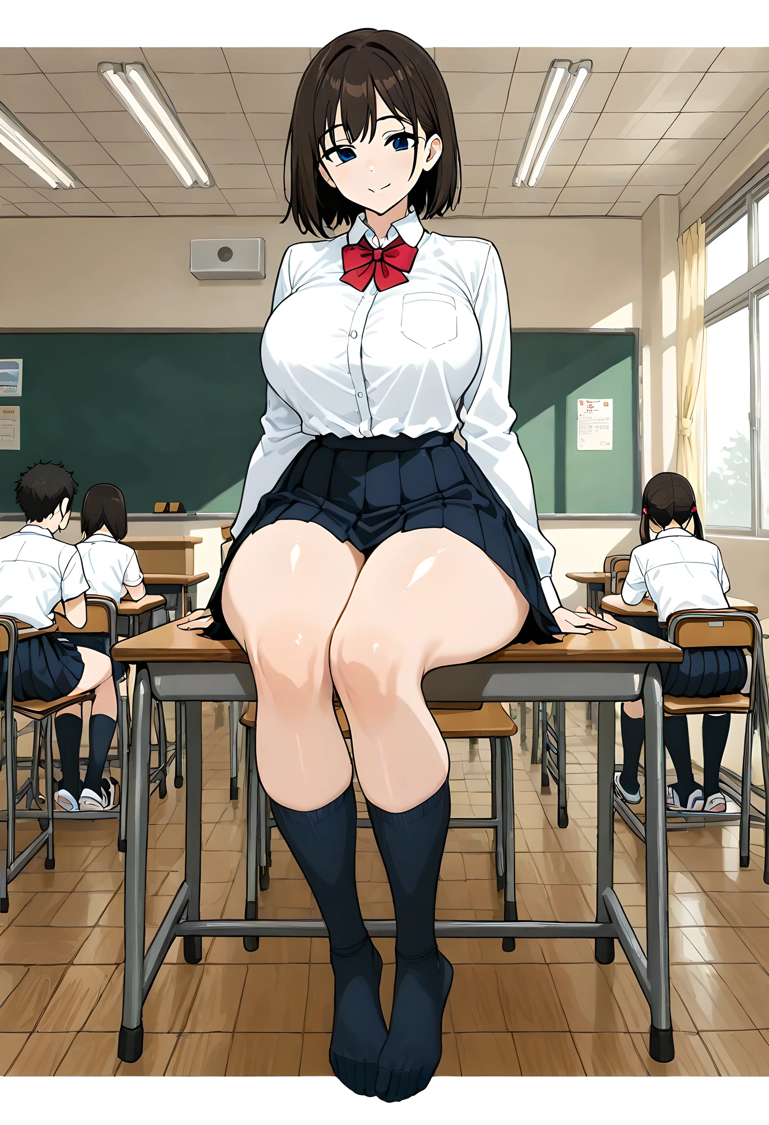 Detailed Background, super detailed eyes, Viewers with big breasts, viewers, There are 2 people walking down the street with their feet on skateboards, is wearing a skirt and high socks, large thighs, bare thighs, detailed feet looming over you, thick legs, I can see your feet, is wearing a skirt, two girls sitting at a table wearing Japanese girls' high school uniforms, Human foot, Bent knees, wearing a skirt, detailed feet, thighs