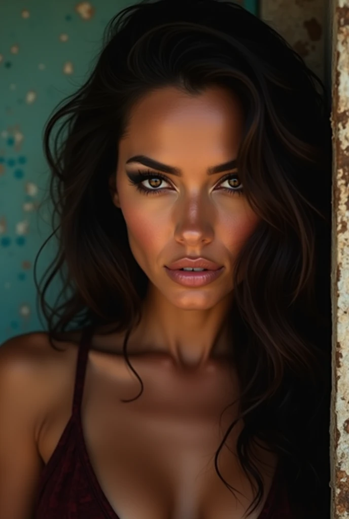 Hot beautiful posing model, dark curly hair, dark blue eyes, Fitness and body beauty--ar 16:9 -