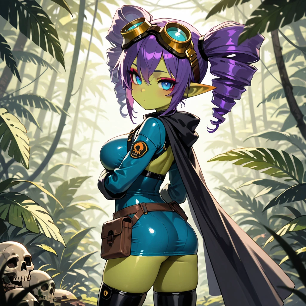 1girl, monster girl, green skin, head fins, yellow sclera, black eyes, black hair, short hair, ponytail, bracelet, pink scarf, cape, hood, black dress, short dress, masterpiece, high quality, ((happy)), sexy body, gorgeous body, beautiful, beautiful legs, sitting on bed, ((spread legs)), ((open legs)), (((presenting pussy))), (((visible pussy))), (((pussy))), (((perfect pussy))), ((perfect anatomy)), lifting dress, ((nsfw)), ((hentai)), blush, solo