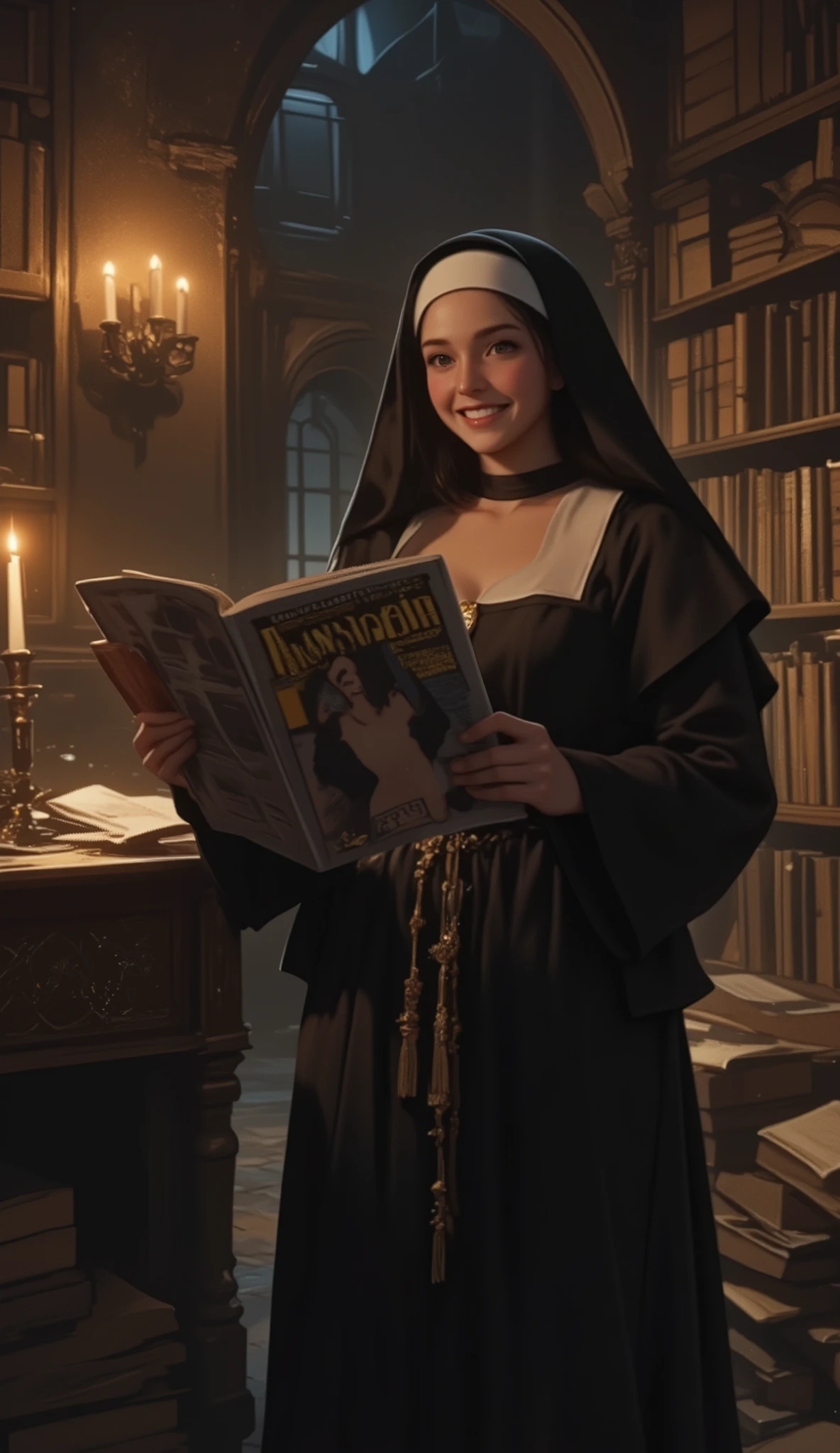 The movie "The Name of the Rose", Sydney Sweeney, a medieval monastery, a sexy busty young nun picking up a large erotic photo magazine With a flashy cover in the forbidden library, trembling, a bitter smile, a dimly lit room with candlelight, a secret door,