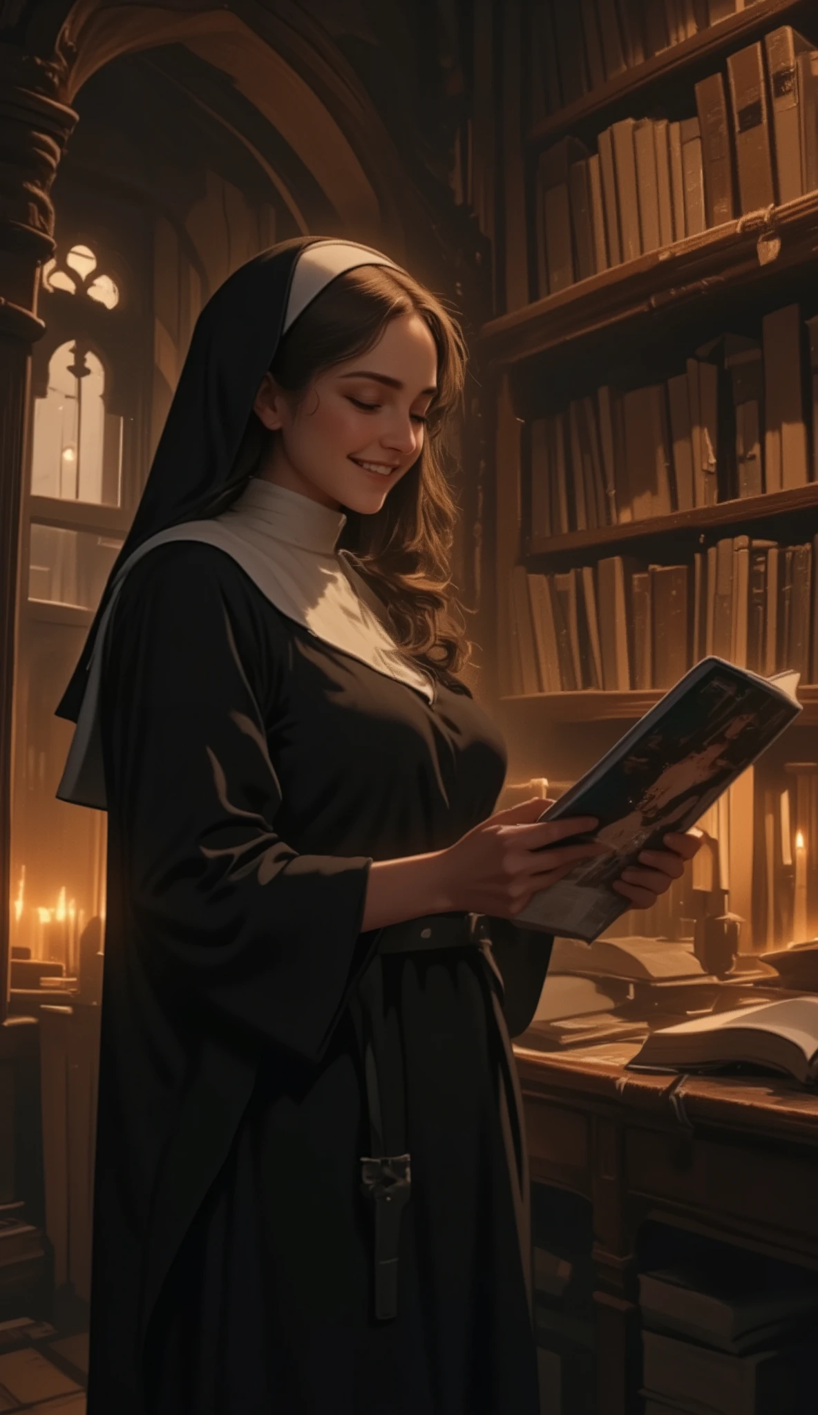 The movie "The Name of the Rose", Sydney Sweeney, a medieval monastery, a sexy busty young nun picking up a large erotic photo magazine With a flashy cover in the forbidden library, trembling, a bitter smile, a dimly lit room with candlelight, a secret door,