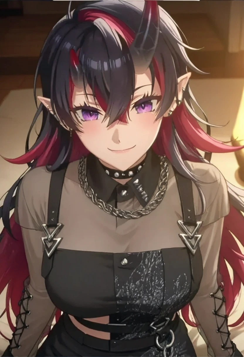 Latex girl lustful smirking smile red blush red cheeks, chain leash, kneeling, shackles, leather black collar slave, dwarf female Sherry, purple hair