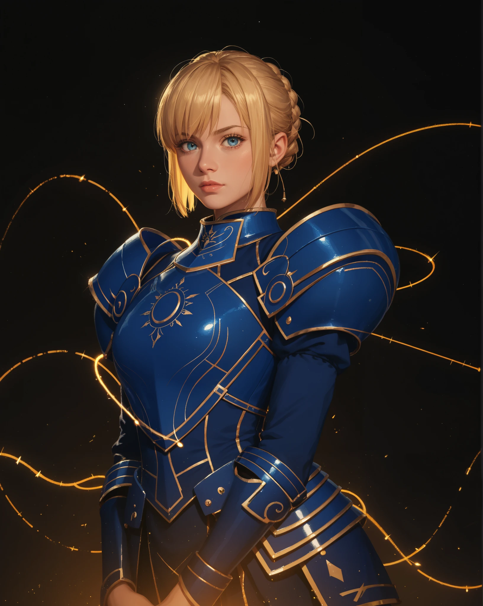 score_9, score_8_up, score_7_up, score_6_up, score_5_up, score_4_up, female, body-fit dark blue armor, puffy sleeve, floating golden lining, glowing lines, intricate lines, geometric lines, short updo braided blonde hair, bangs, looking at viewer, blue iris, dark background, golden ambience lighting, mcu eternal aesthetic, saber of fate,