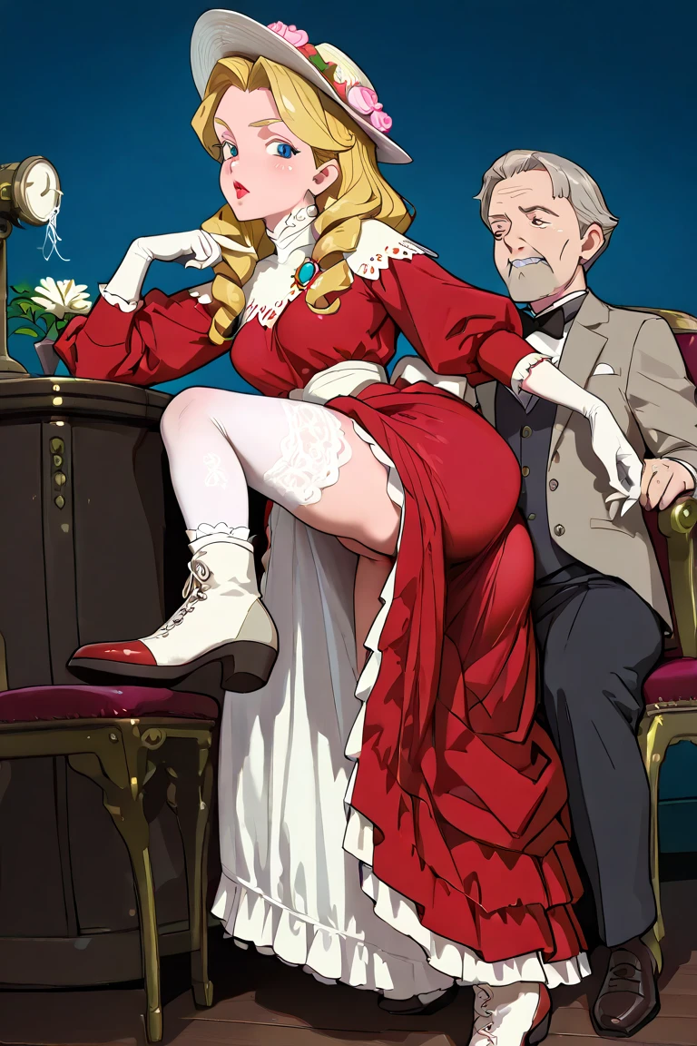 score_9, score_8_up, score_7_up, source_anime, BREAK, (((yew)))), 1girls, (defOleana, long hair, sidelocks, choker, lipstick, hoop earrings, white coat, cleavage, red shirt, black skirt, black pantyhose), couch, indoors, seductive, ((closed mouth)), smirk, thighs, long shot, white couch, laying, leaning, front view