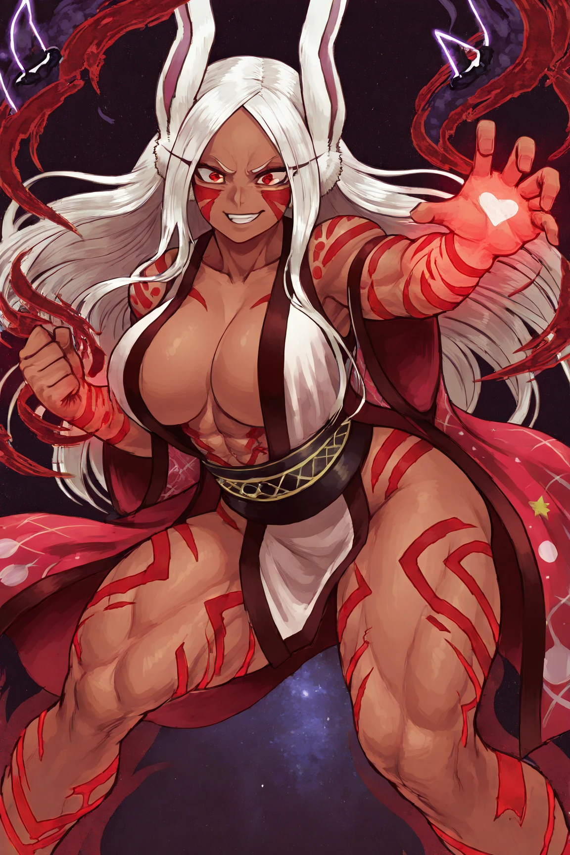 score_9, score_8_up, score_7_up, score_6_up, score_5_up, score_4_up, BREAK source_furry, source_anthro, source_anime, rating_safety,
(Full body image), (Japanese feudal fantasy world), (Beautiful Oni female warrior), (challenging and daring grin on thick lips) (Serious yet Seductive Gaze), (big oni horns), reddish skin, (bewitching finely Detailed and beautiful face features),(Wearing a fall of shoulders short kimono), (muscular and thick body), (curvy body with large breasts) (a very mature body shape), (fair but beautiful reddish skin and face), (wearing delicately crafted hairpins), (Two eyes that emit strong golden light from inside), (dramatic pose), ( bewitching light), (beautiful long silver hair, Wind Effects), ( soaked in hot spring pound), (forest), complex background