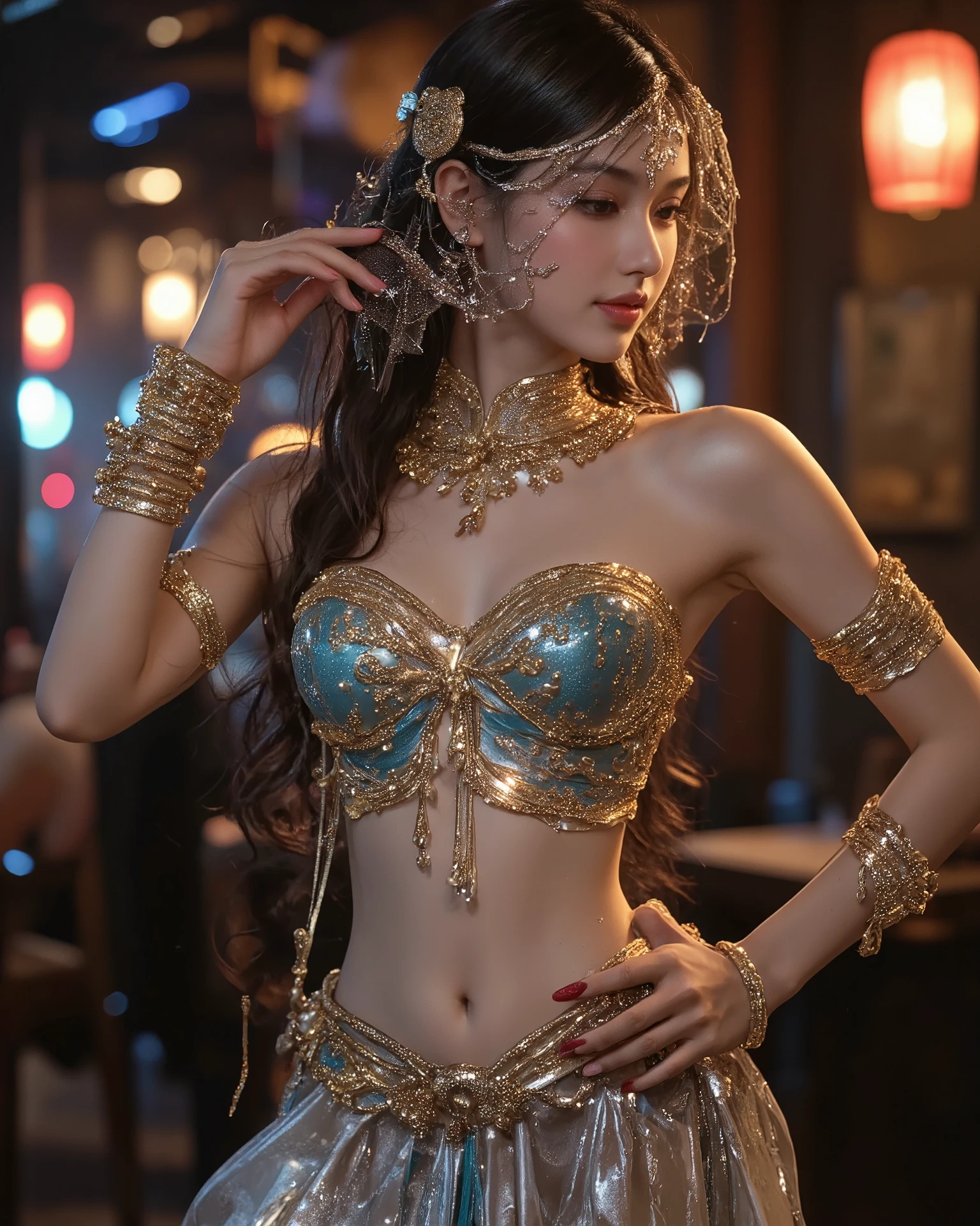 Young Beautiful japanese Woman, Sexy Belly Dancer,Gorgeous belly dance costumes, Face Veil to Hide the Lower Half of Your Face , golden accessory, brown eyes, half-closed eyes:1.3, glossy lips, big breasts, Shadowed face, bewitching smile,Seductive gestures,Curvaceous Body, perfect body through Ngs,High quality skin,Beautiful legs, Perfect Female Proportions , ideal body proportions, attractive proportions, Tight Woman , dancing belly dancing,background: Night Tavern,masterpiece, top quality, very detailed depiction, INCREDIBLE HIGH DEFINITION,High quality,realistic, 8k, 16k realistic, full body image