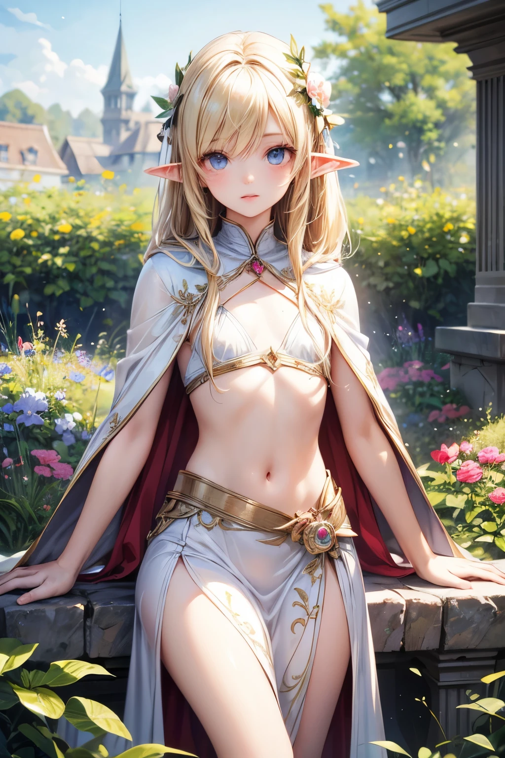 masterpiece,top quality,in white for summer very detailed,photorealistic,realistic, ultra high resolution, Masterpiece,fantasy,Elf Girl,elegant,, very long blonde,thin, perfect eyes,slender,(flat chest),so cute, gorgeous clothes ,hair ornament,gem,embroidery,cape,garden, correct handshake