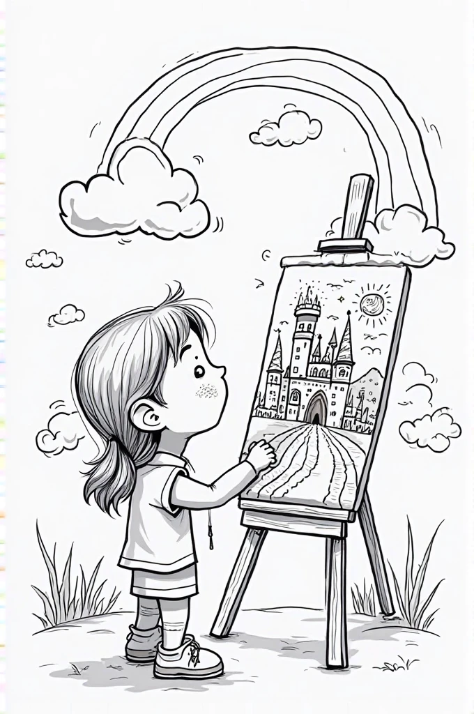 Child in black and white with a paintbrush painting a scene on the wall of his room in watercolor and coming out of black and white