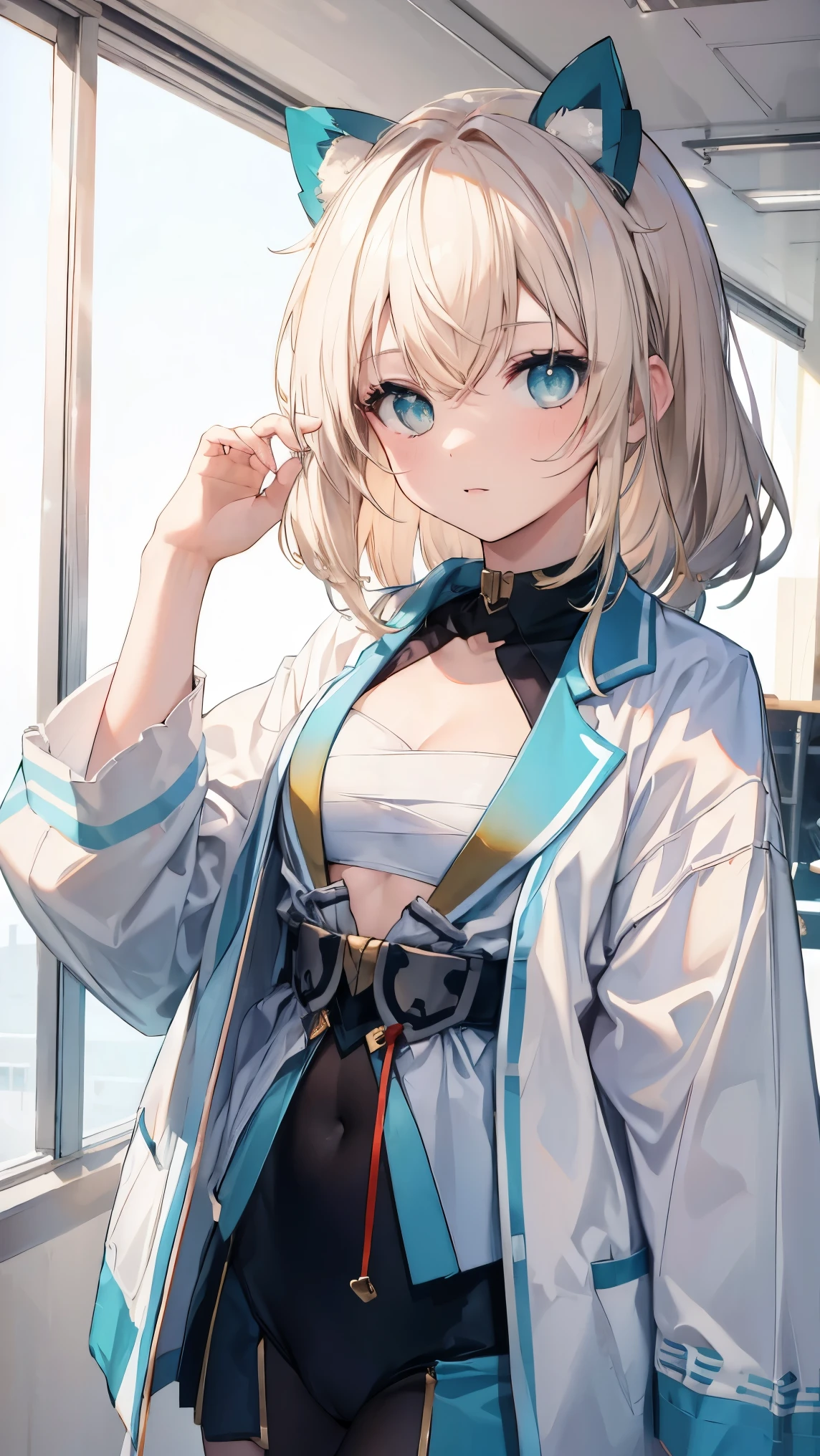 (masterpiece, best quality) detailed,silver accessories , Blonde ,elegant, pointed ears ，Chinese element pattern，White shirt，bikini，pleated skirt，pantyhose