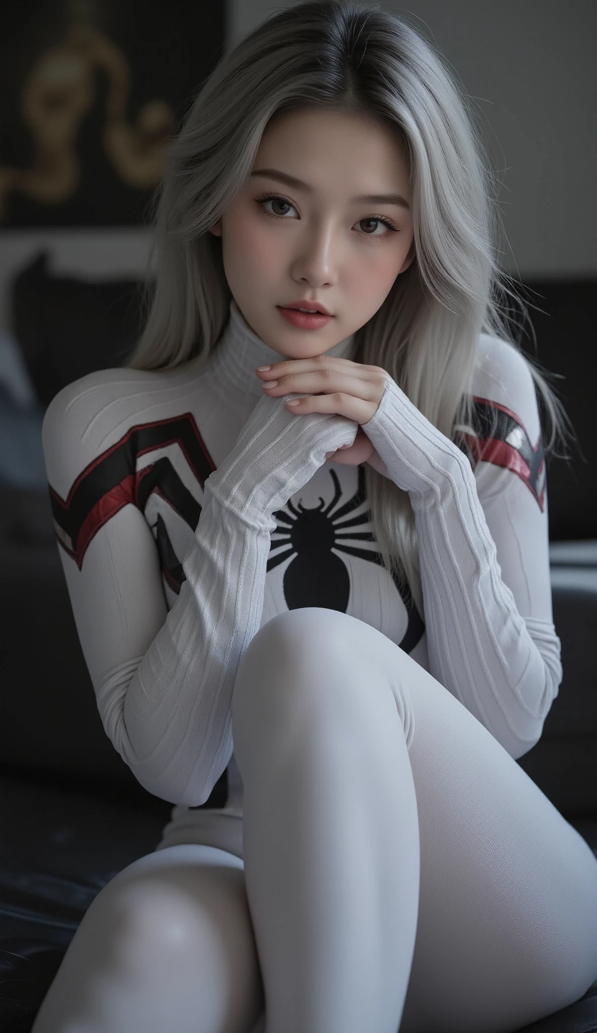 Solo, 8k, photoshoot, perfect body, perfect skin, slim body, flawless, glowing skin, beautiful face, natural makeup, super realistic, High Resolution, Masterpiece, Anatomically Correct, Best Quality, High Details, HD, High Quality, Super Detailed, 19 years old girl
(Extreme Detail CG Unity 8K wallpaper, masterpiece, highest quality), (Exquisite lighting and shadow, highly dramatic picture, Cinematic lens effect), a girl in a white Spider-Man costume, silver gray hair color, from the Spider-Man parallel universe, Wenger, Marvel, Spider-Man, sitting on the couch, sexy pose), (excellent detail, excellent lighting, wide angle), (excellent rendering, enough to stand out in its class), focus on black and white Spider-Man costumes, complex spider textures