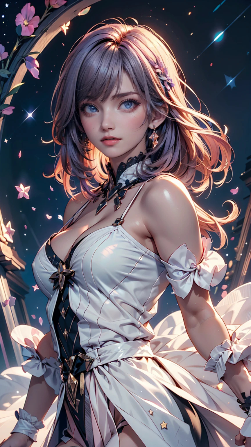 ((masterpiece:1.2, best quality)), 1girl, solo, dress, aurora, night, star (sky), gloves, sky, white dress, night sky, open mouth, starry sky, blue eyes, ribbon, red dress, smile, cape,, (bird), magic, casting spell, dark clouds, night, (impressionism:1.4), (tarot:1.3), alphonse mucha