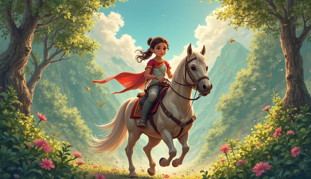 	1.	Background and environment:
	• Cherry blossom petals fluttering、In billowing pink and light blue clouds • Out of focus background 2.	Subject and composition:
	• Cute girl riding a gold chariot with RES written on it • Macro and detailed image 3.	Character Details:
	• Wear a red helmet • In your right hand #Holding 580 flags • Staring straight ahead with bright light blue eyes 4.	Writing and Style:
	• Portraits are realistic with studio lighting
