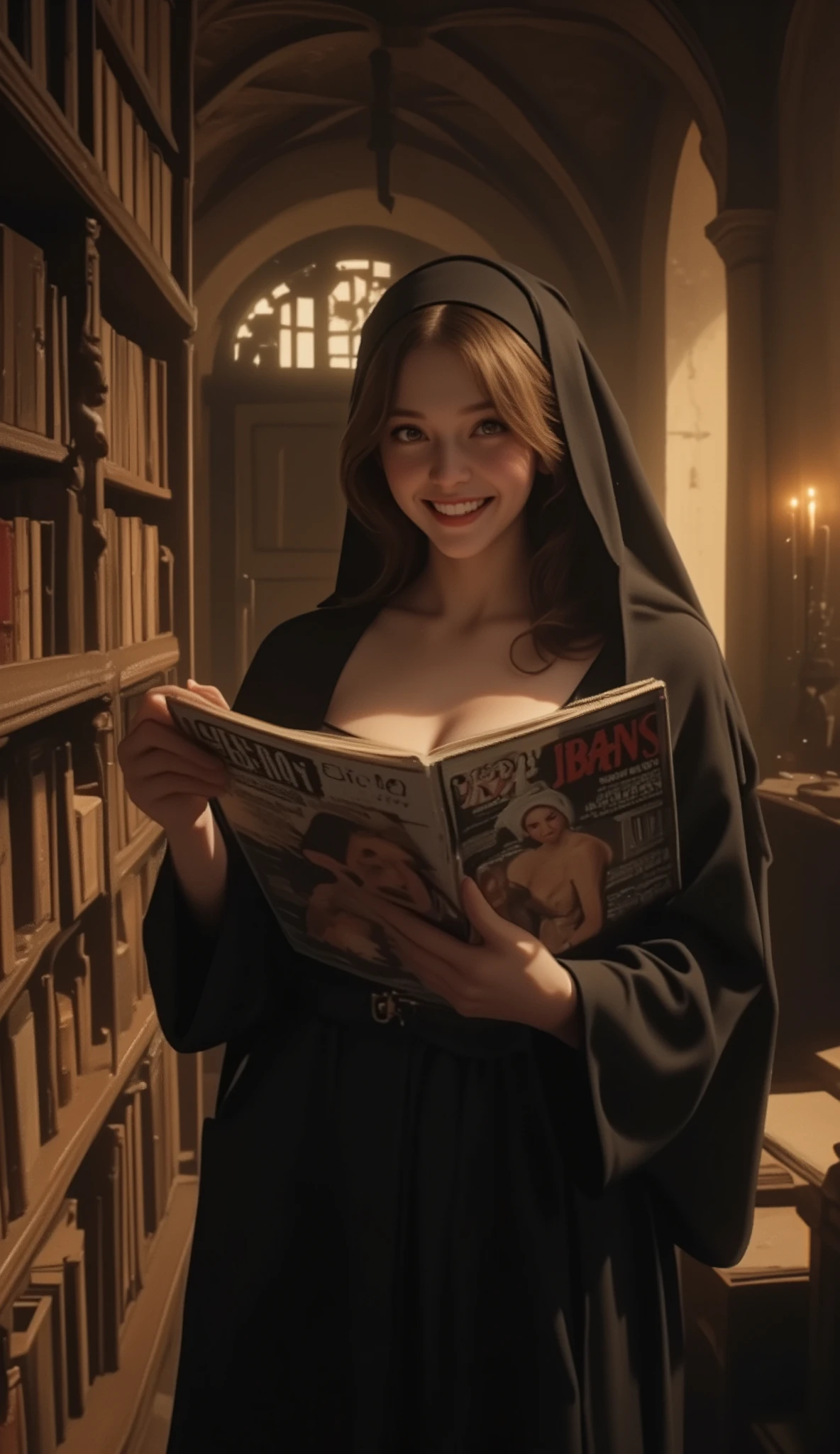 The movie "The Name of the Rose", Sydney Sweeney, a medieval monastery, a sexy busty young nun picking up a large erotic photo magazine With a flashy cover in the forbidden library, trembling, a bitter smile, a dimly lit room with candlelight, a secret door,
