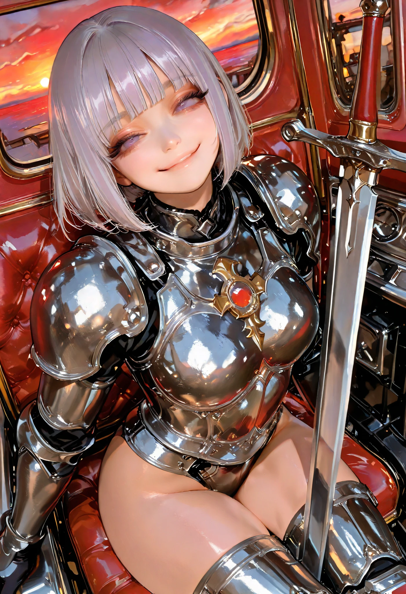 (Superflat, Flat Shading, flat-colors:1.1), ( 1girl ), very beautiful cartoon girl, photorealistic anime girl render, realistic anime 3 d style, Beautiful face, Perfect symmetrical Face, Cute face, (Beautiful silver bobcut hair), bangs, hair is unkempt, (Deep purple eyes, Strong eye emphasis, beautiful eyelashes ), (nice smile), perfect body, (perfect anatomy), Glowing Skin, (High Detail Skin:1.2), Dynamic Angle, big and accurate chest , Overflowing chest, beautiful thighs, sitting on a chair on a terrace in a luxurious room, attractive, wearing metallic textured armor、lavishly decorated sword、Sunset sky, Metropolis, Red sunset clouds, Cargo-carrying vehicle , high resolution, ultra sharp, 8k, viewers,