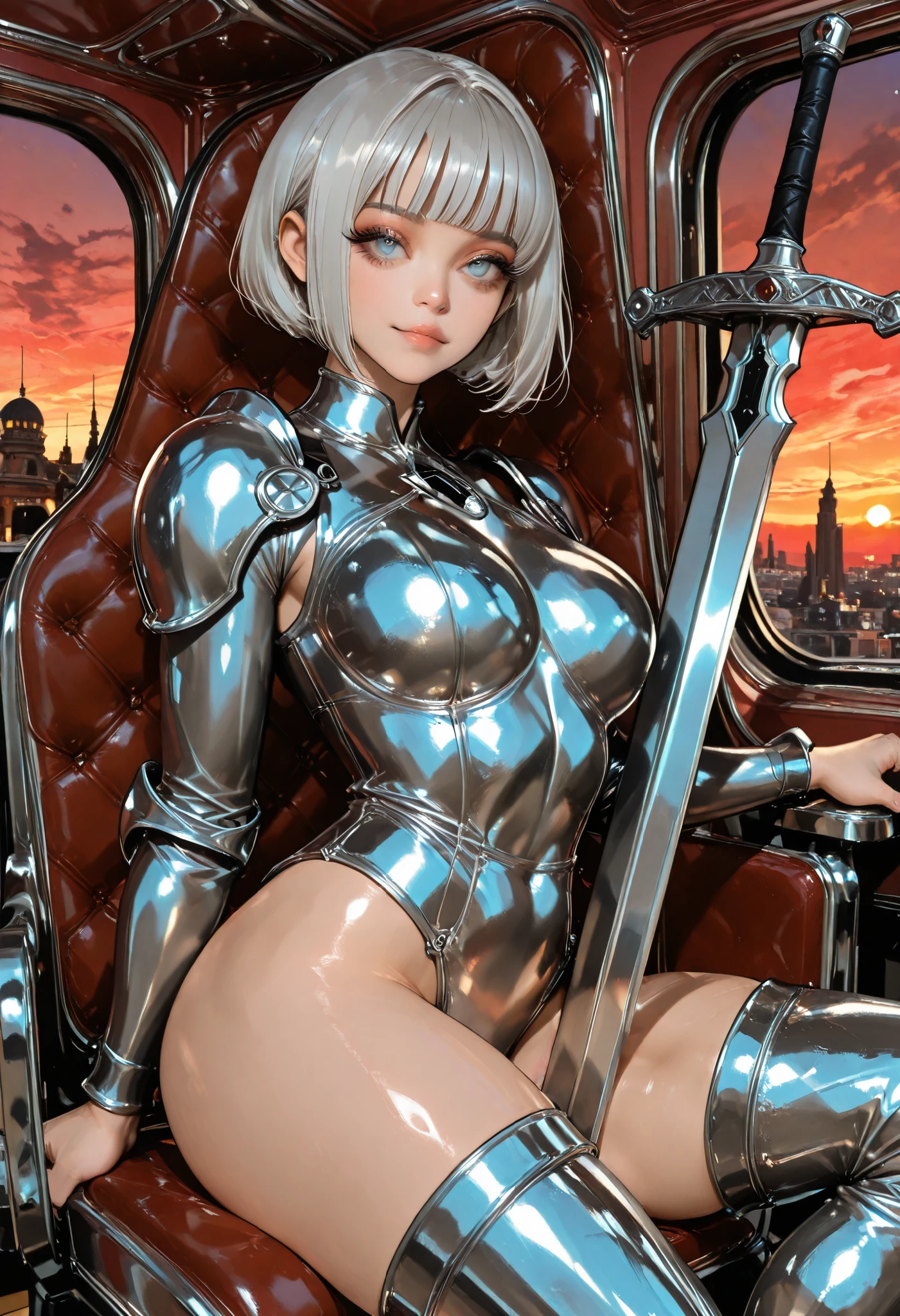 (Superflat, Flat Shading, flat-colors:1.1), ( 1girl ), very beautiful cartoon girl, photorealistic anime girl render, realistic anime 3 d style, Beautiful face, Perfect symmetrical Face, Cute face, (Beautiful silver bobcut hair), bangs, hair is unkempt, (Deep blue eyes, Strong eye emphasis, beautiful eyelashes ), perfect body, (perfect anatomy), Glowing Skin, (High Detail Skin:1.2), Dynamic Angle, Big, Natural Breasts , Smart waist, big, natural buttocks, beautiful thighs, Smart legs, sit on a chair in a luxurious room, wearing metallic textured armor、Metallic boots , attractive, (lavishly decorated sword:1.4)、Sunset sky, Metropolis, Red sunset clouds, Cargo-carrying vehicle , high resolution, ultra sharp, 8k, viewers,