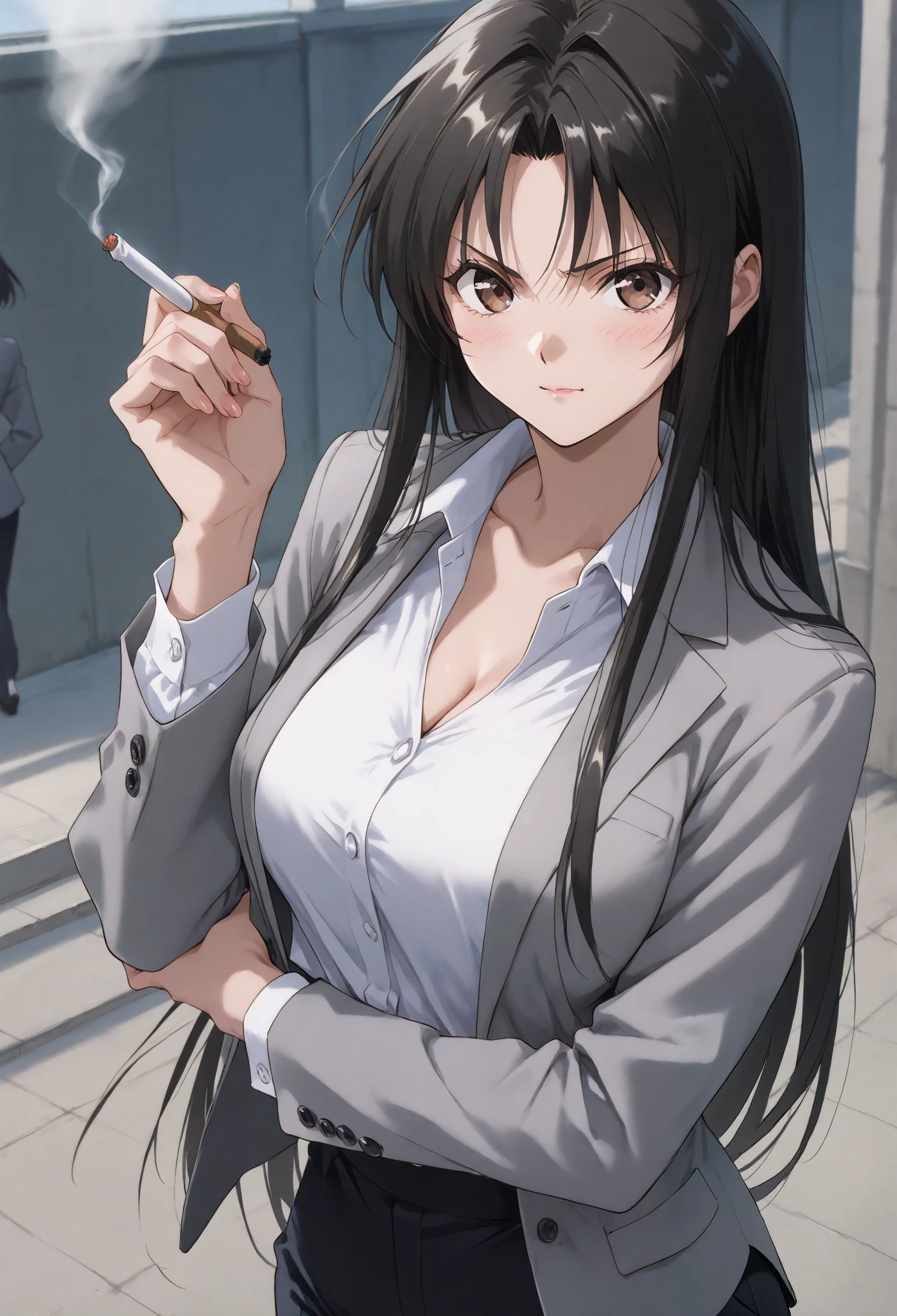 business suit、teacher、classroom、Grey Jacket、blouse、Age 31、black business pants、Long Straight Hair、School Rooftop 、 (long black hair)、 (Smoking)、beautiful 、、medium breasts、、masterpiece、best quality, , Kind Face, 、 scowl the person、 、smile