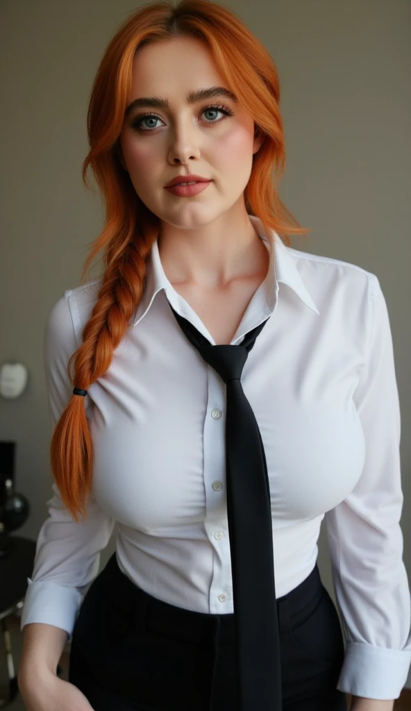 ginger woman, detailed face, (wearing big glasses:1.1), long straight hair, red lips, big chest, (casual clothes:1.2), dark grey clothes, 1girl, solo, looking at viewer, (cum on clothes:1.4), photorealistic, indifferent look, front view, upper body, in office