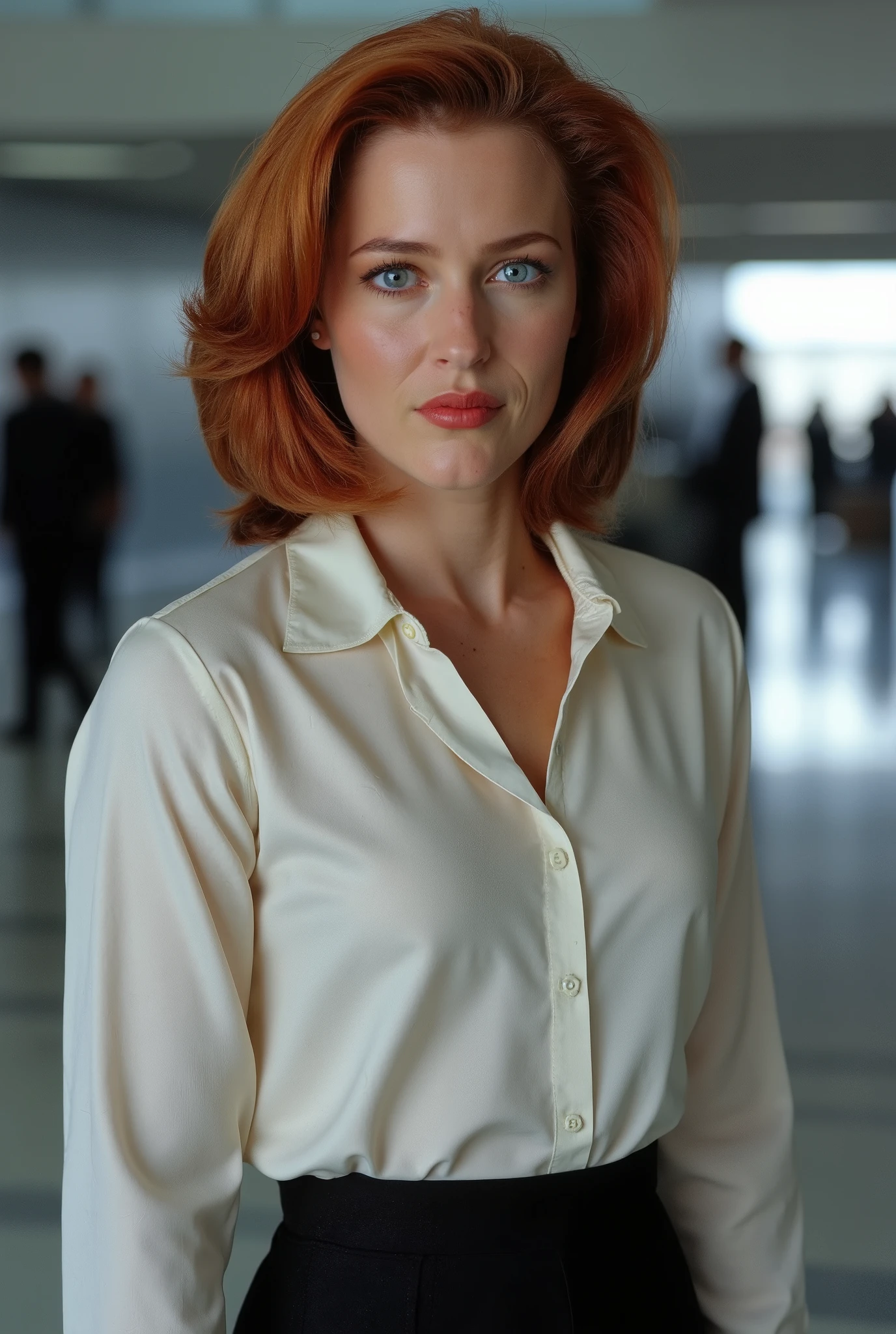 a realistic photo of young Dana Scully, featuring a beautifully detailed face with captivating eyes and a serene expression, The image showcases her natural beauty, focusing on her flawless skin and delicate features, The lighting enhances her features;
Her expression is pleasant and approachable, with a visible smile,
her gaze is direct,
she is looking directly at the viewer,
her hair is red,
Her breasts are small and prominent,
she wears a shiny white satin shirt,
her open shirt reveals her breast,
she wears a very tight-fitting black skirt,
she wears shiny red stiletto high heel shoes,
she is standing in an airport hall; (realistic skin, detailed skin, detailed face), (long eyelashes); perfect anatomy