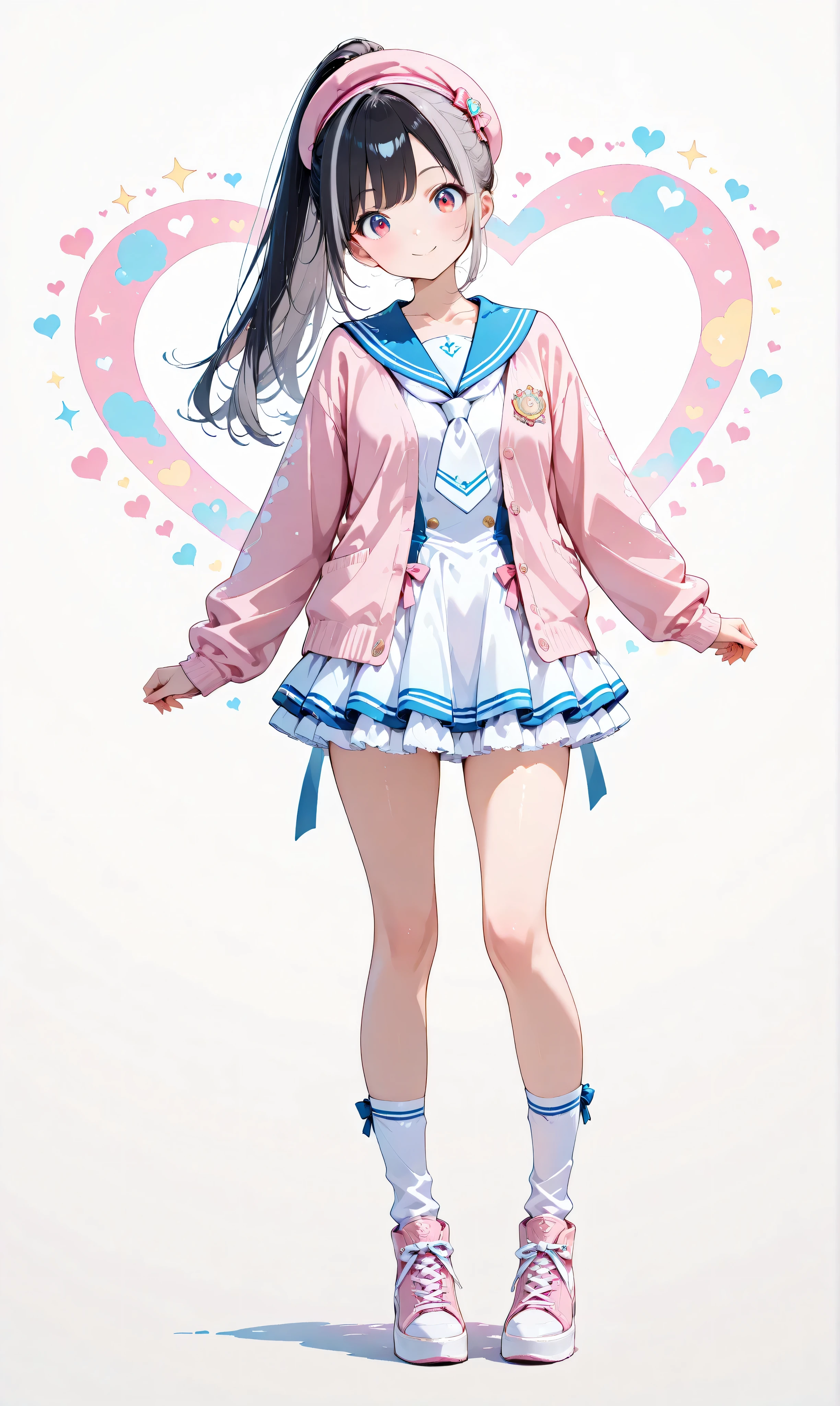 (watercolor:0.4), ( pastel :0.6), 1 girl with an Oracle, alone, blue eyes, school uniform, Ponytail for Beauty, long hair, viewers, sailor suit, upper body, sailor color, heart, black hair, cardigan, tie, bungs, black, white tie, Closed Mouth, side lock, grey background, collarbone, long sleeve, blue sailor color as base, (cinematic lighting:0.4), ( pastel color (medium):1.0), adorable by design, 1 girl, Light grey hair, cut, Red Eyes, Decora Sailor Suit , Ruffle Layered Skirt, Calf-length socks, sneakers, Idol Costume , white simple background, (white background:1.2), viewers, Overwhelming pose, head tilt, v Overeye, , Straight ahead, Inner thighs, full body, smile, Pink and Light Blue Scheme, pink beret, surprised expression.