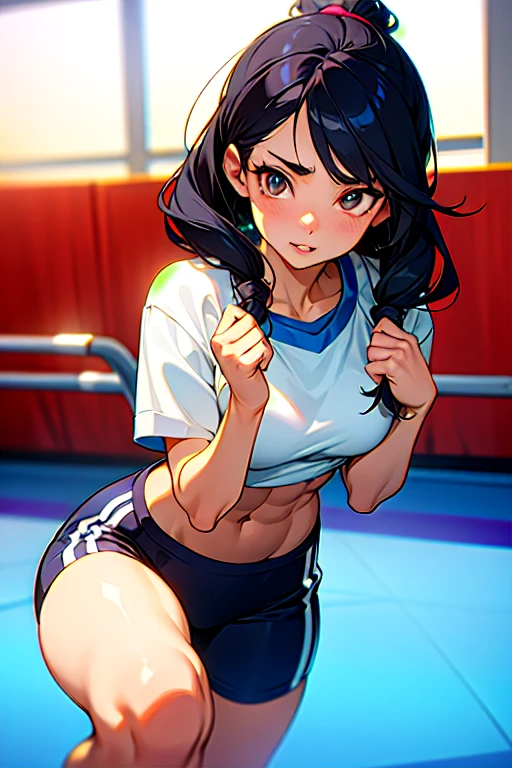beautiful girl, blue eyes, pony tail, brown hair, realistic, spandex short shorts