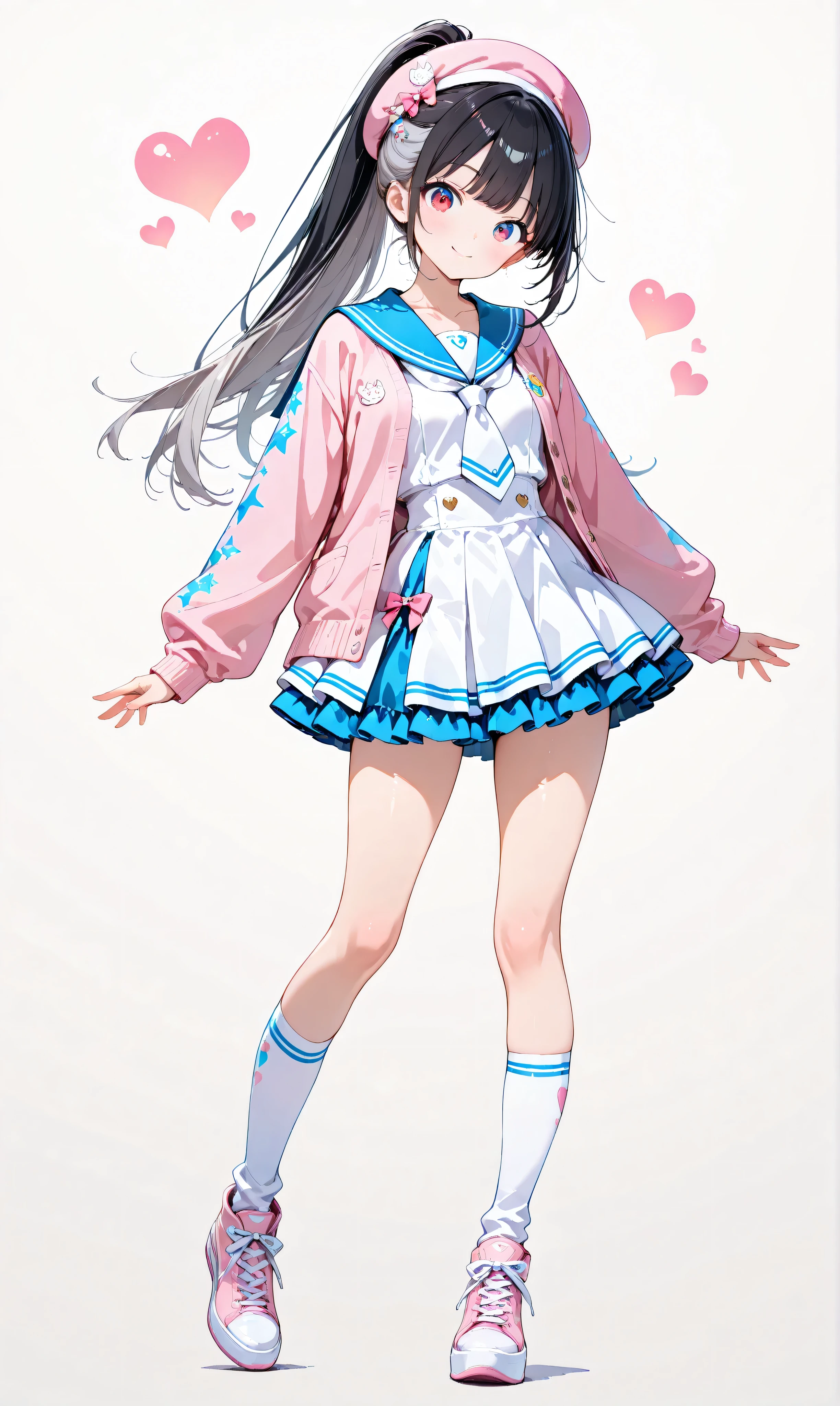 (watercolor:0.4), ( pastel :0.6), 1 girl with an Oracle, alone, blue eyes, school uniform, Ponytail for Beauty, long hair, viewers, sailor suit, upper body, sailor color, heart, black hair, cardigan, tie, bungs, black, white tie, Closed Mouth, side lock, grey background, collarbone, long sleeve, blue sailor color as base, (cinematic lighting:0.4), ( pastel color (medium):1.0), adorable by design, 1 girl, Light grey hair, cut, Red Eyes, Decora Sailor Suit , Ruffle Layered Skirt, Calf-length socks, sneakers, Idol Costume , white simple background, (white background:1.2), viewers, Overwhelming pose, head tilt, v Overeye, , Straight ahead, Inner thighs, full body, smile, Pink and Light Blue Scheme, pink beret, surprised expression.