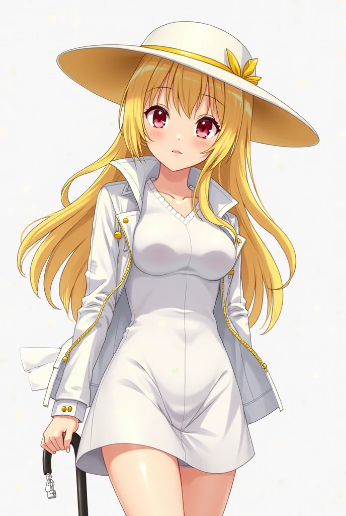 beautiful, masterpiece, best quality, extremely detailed face, 1girl, solo, (oshino_shinobu), (blonde) (blonde_hair), (yellow_hair), ((long_hair)), ((bangs)), (yellow_eyes), blush, hdri, masterpiece, 4k, beautiful, smooth skin, masterpiece, best quality, oshino shinobu, blond hair, long hair, golden eyes, white dress, small breast, detailed face, small, small breast, short body, fangs, OshinoShinobu, <lora:shinobu:1>, sharp ears, hat