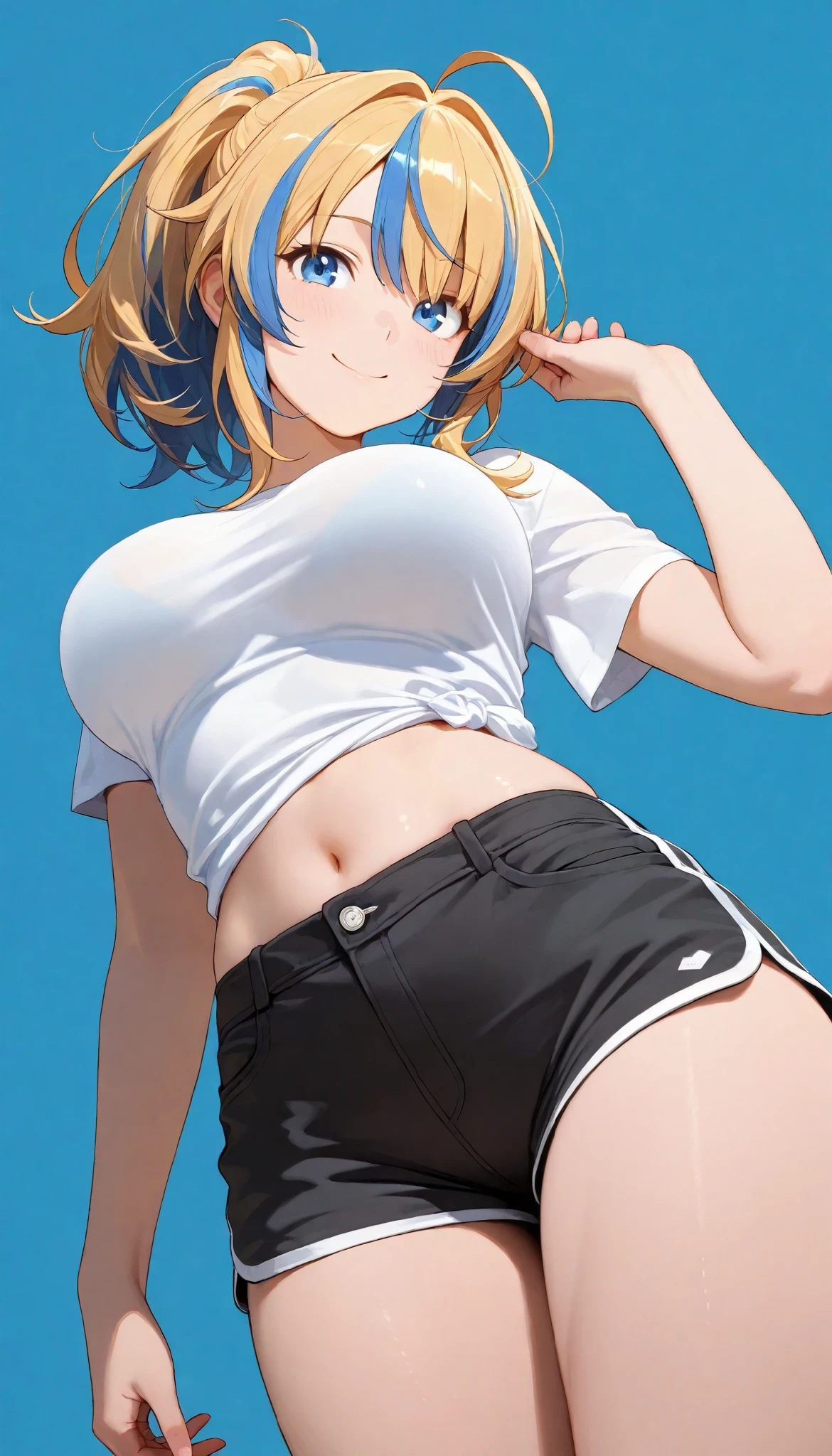 ,smile,ponytail dyed hair,stand up,black shorts,white shirt,sexy legs,perfect body,bigger breasts in bikinis,Soft light, High Precision, best quality,upper body,blue plain background ,blue background