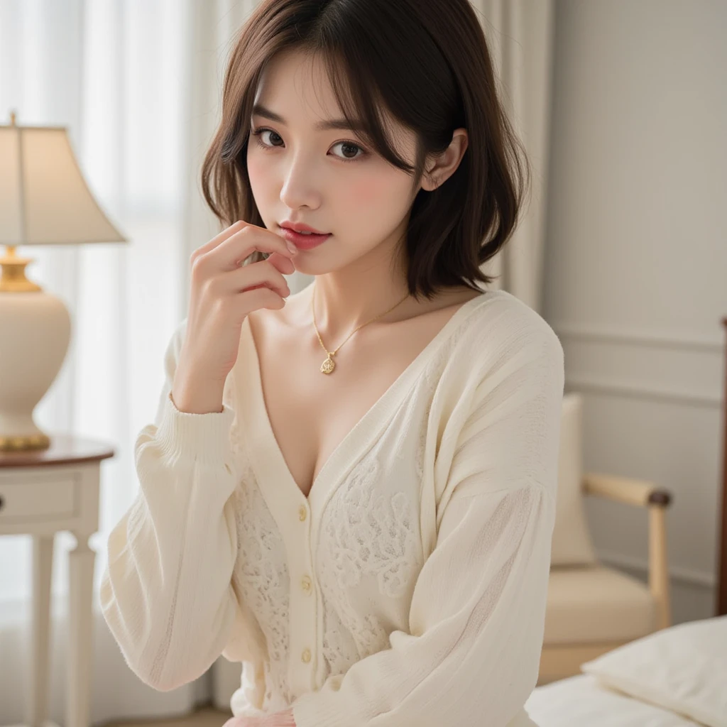 (((Woman lying on bed in bedroom)))、Accentuate your breasts、(((school uniform:1.3)))、Open white shirt、(((Check pleated skirt that fits snugly against the skin:1.7)))、(Reddish brown wet shiny short hair)、hairpin、hair ornaments、Blushing cheeks、Pointed red mouth、Large Breasts、Perfect body curves、Beautiful clavicle、Wet Hair、Wet Face、Wet body、Wet Skin、Wet costume、Detailed clothing features、Detailed hair features、Detailed facial features、Looking into the camera、(Dynamic Angle)、(Dynamic and sexy pose) )、Cinema Lighting、(masterpiece、Highest quality、Ultra-high resolution output images、Write Boundary Depth、Intricate details、Add depth to your subject with contrast between light and shadow、)、Digital Illustration、Single-lens reflex camera、(Realistic:1.3)、(8K quality、Anatomically correct facial structure、)、(Picture Mode Ultra HD、)